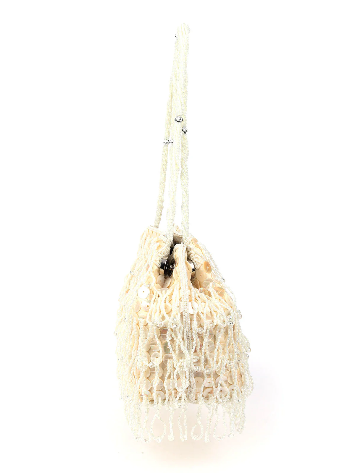 Odette Off White Raw Silk Beads And Pearl Tassels Work Hand Bag For Women - Image 4