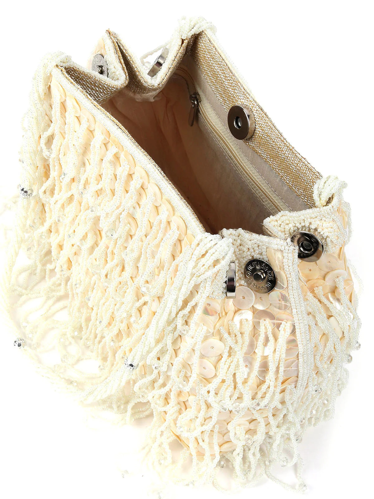 Odette Off White Raw Silk Beads And Pearl Tassels Work Hand Bag For Women - Image 5