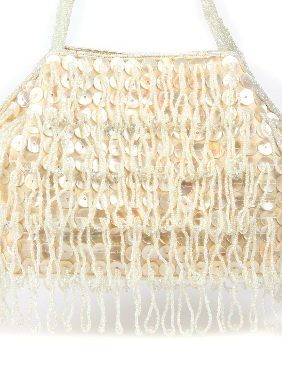 Odette Off White Raw Silk Beads And Pearl Tassels Work Hand Bag For Women - Image 6