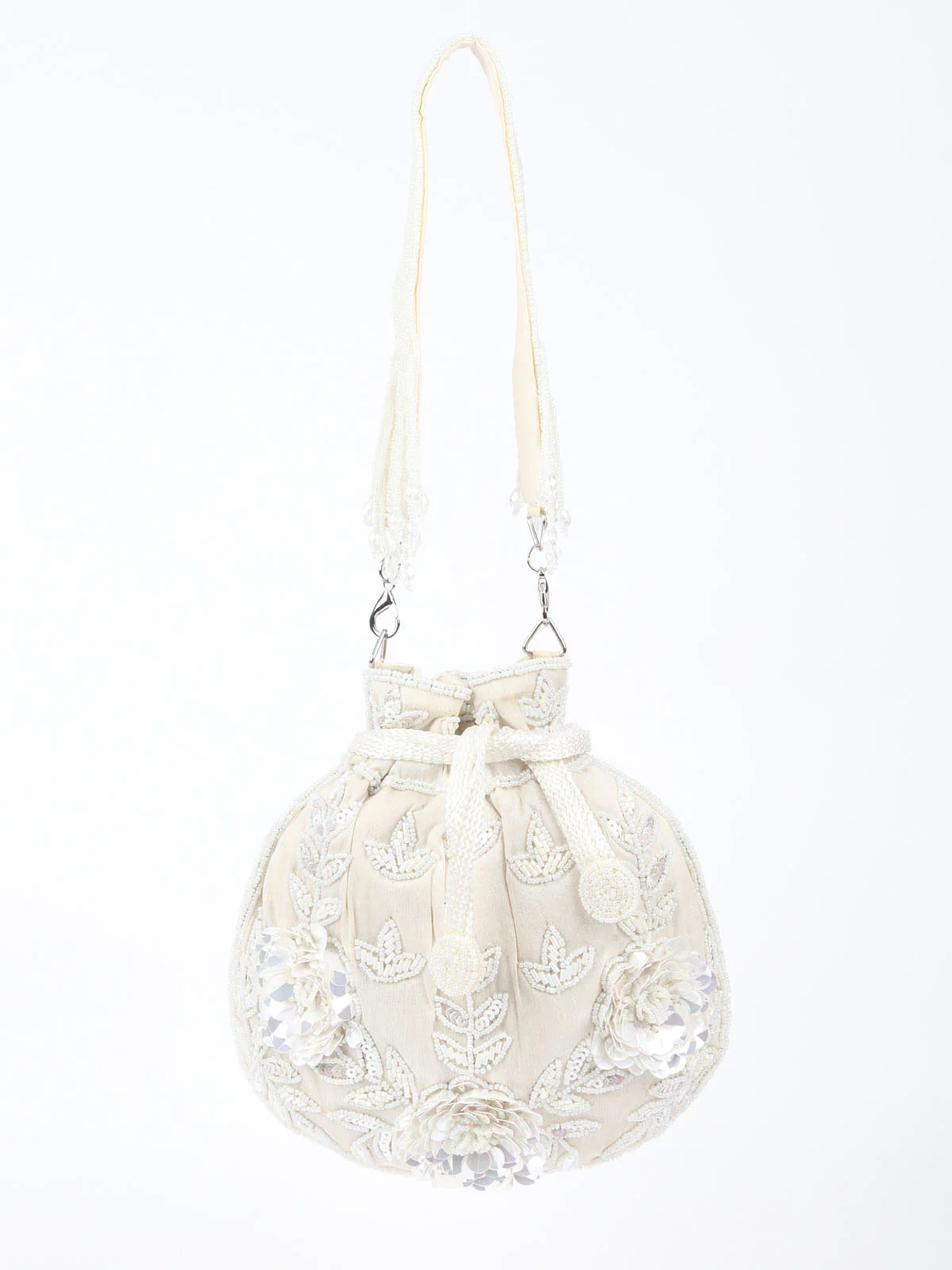 Odette Off white Raw Silk Cutdana And Beads With Wrist Tassel Potli Bag For Women - Image 3