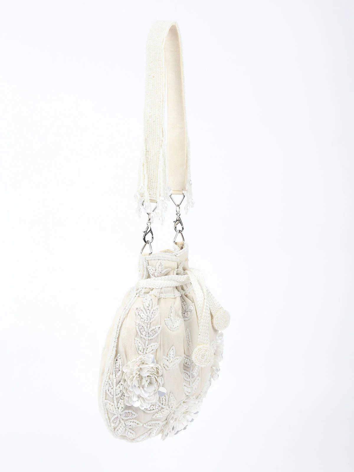 Odette Off white Raw Silk Cutdana And Beads With Wrist Tassel Potli Bag For Women - Image 4