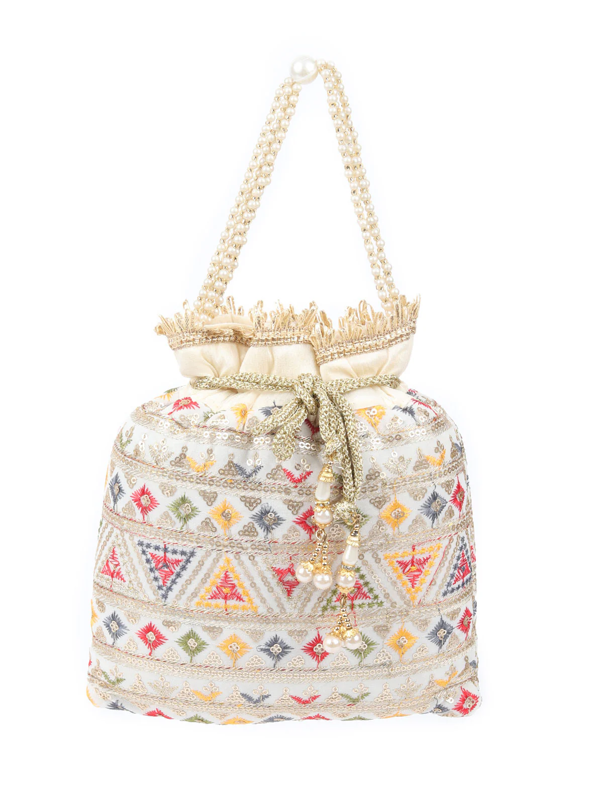 Odette Off White Raw Silk Embroidered With Sequin Potli For Women - Image 3