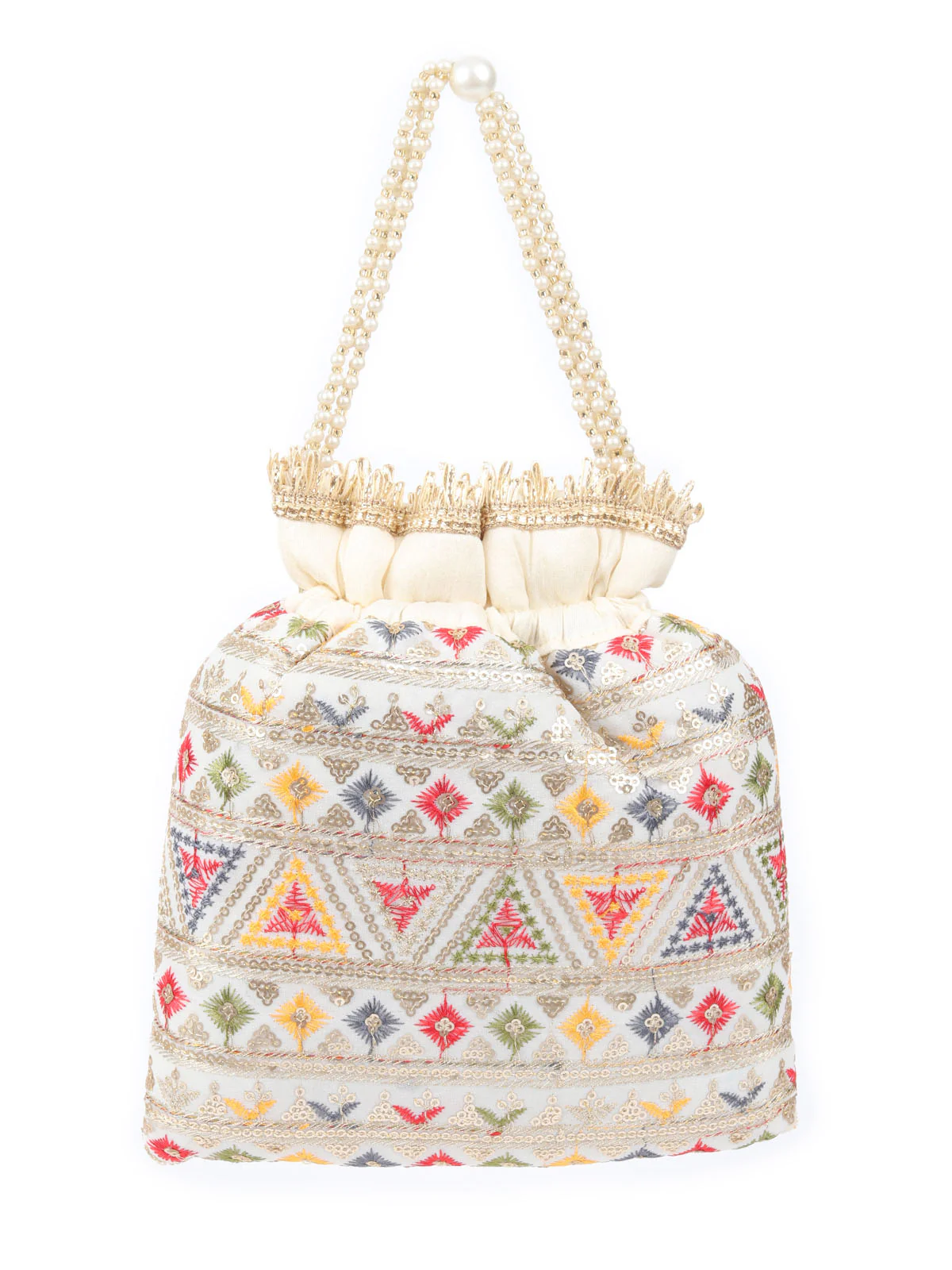 Odette Off White Raw Silk Embroidered With Sequin Potli For Women - Image 5