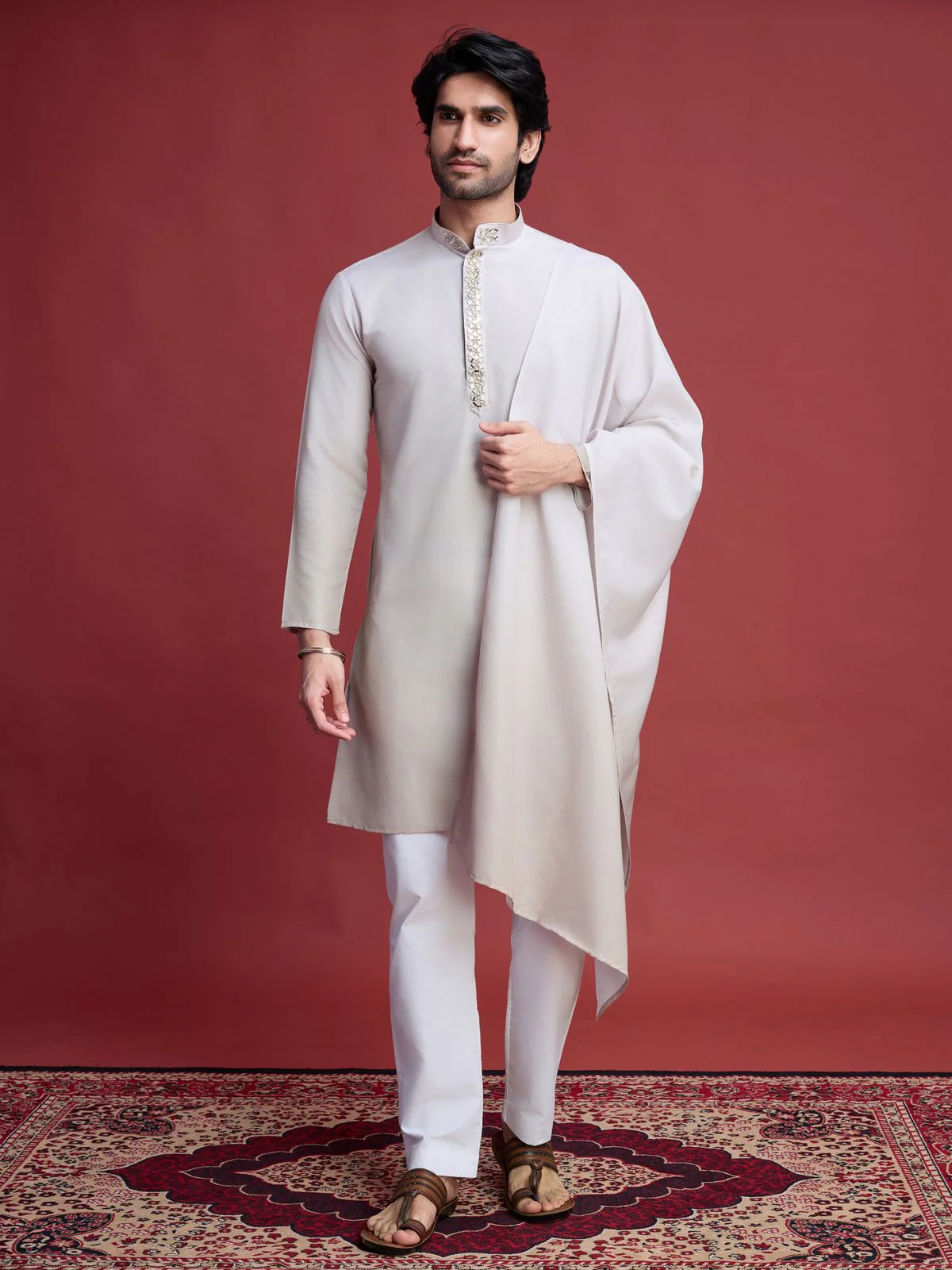 Odette Off White Rayon Mirror Work Stitched Kurta With Dupatta For Men - Image 2