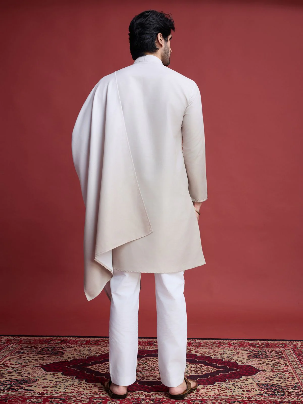Odette Off White Rayon Mirror Work Stitched Kurta With Dupatta For Men - Image 3