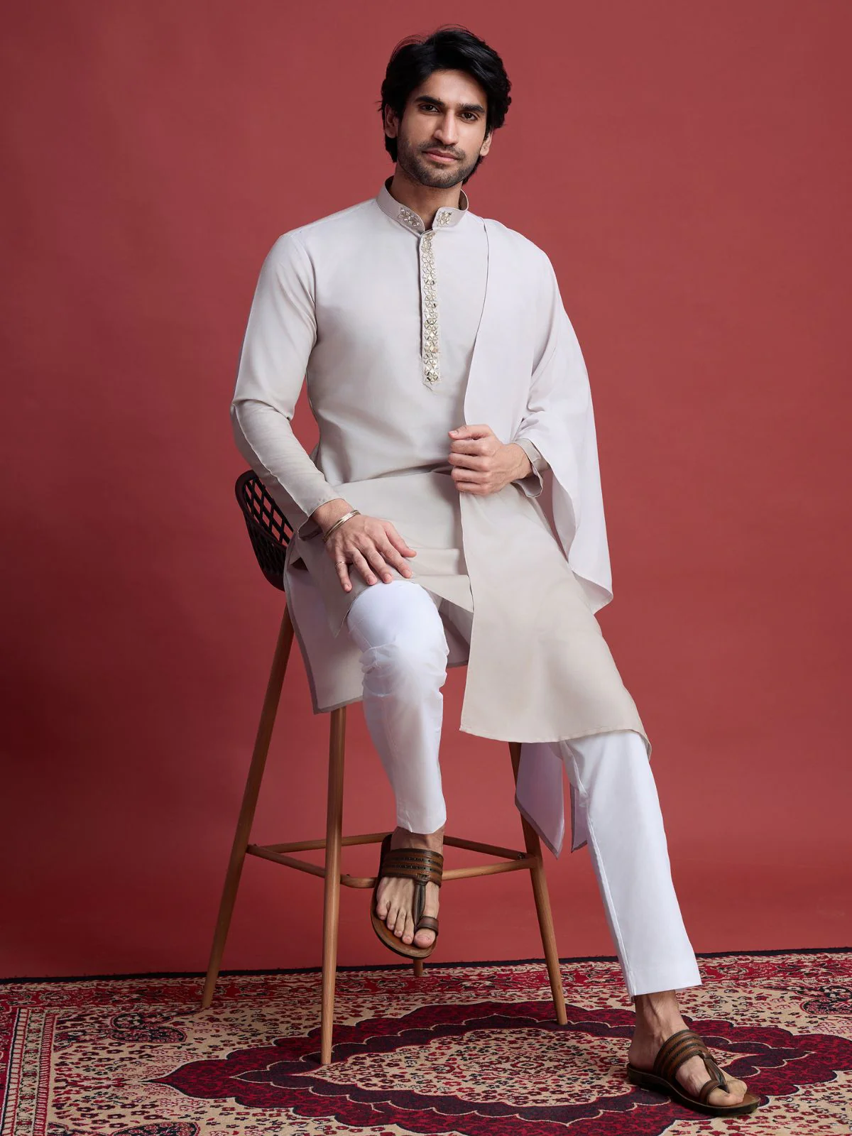 Odette Off White Rayon Mirror Work Stitched Kurta With Dupatta For Men - Image 4