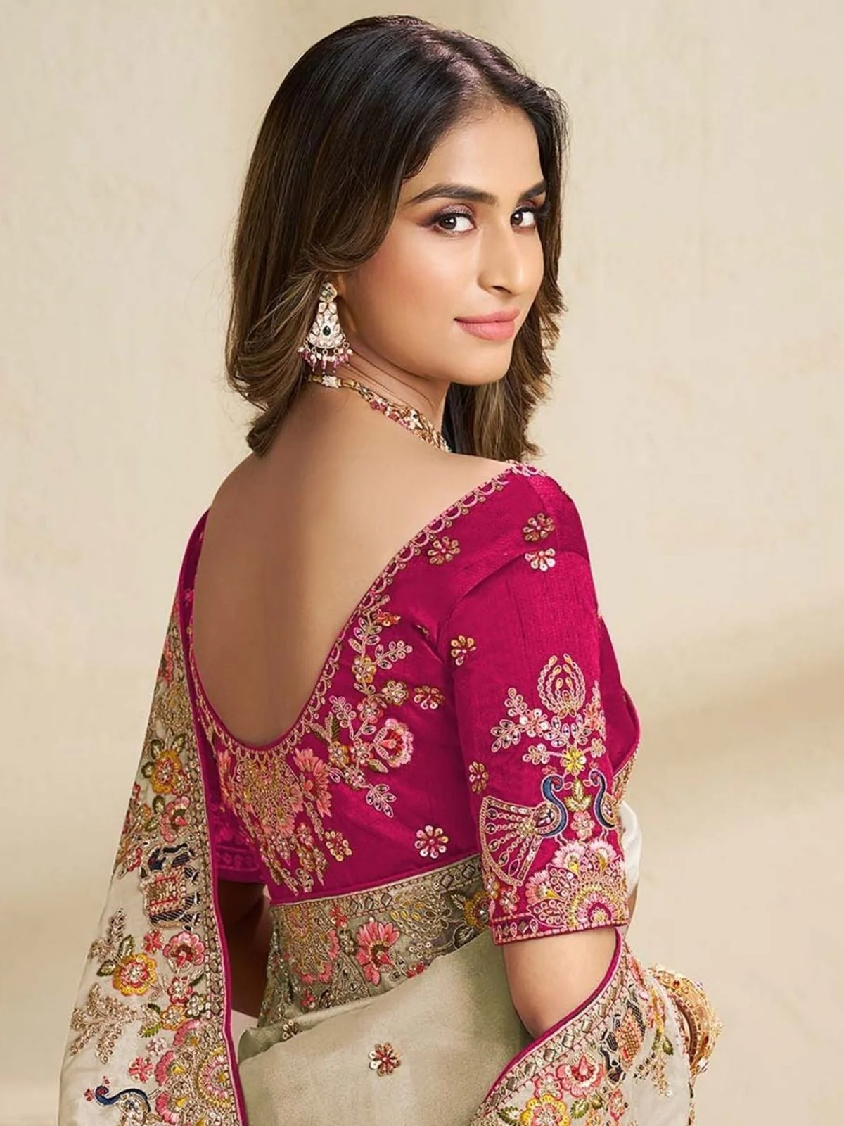 Odette Off White Satin Embroidered Saree For Women - Image 2