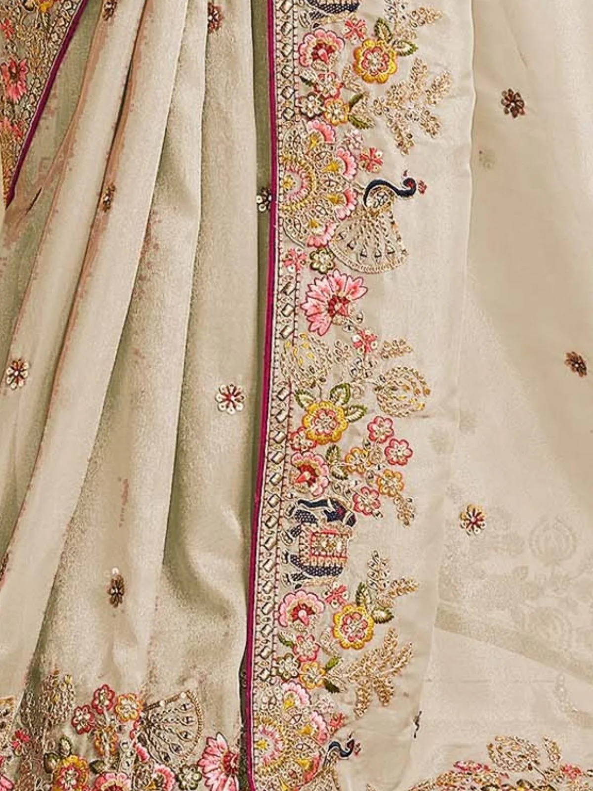 Odette Off White Satin Embroidered Saree For Women - Image 4