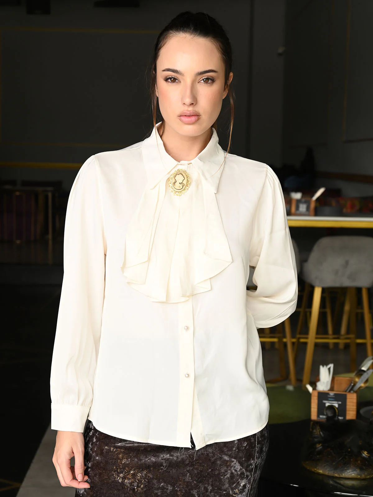 Odette Off White Satin Patterned Full Sleeves Top For Women - Image 3