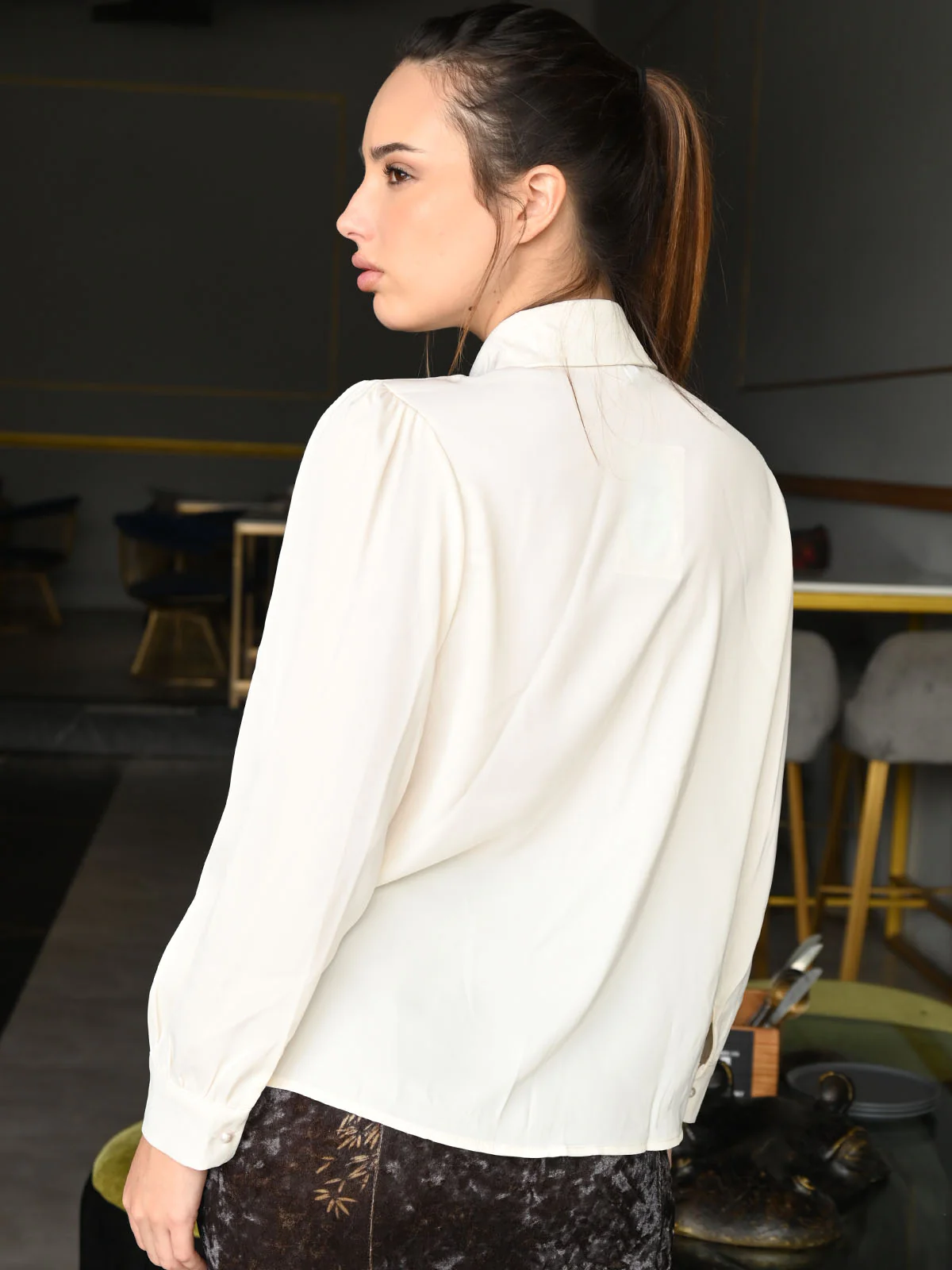 Odette Off White Satin Patterned Full Sleeves Top For Women - Image 5