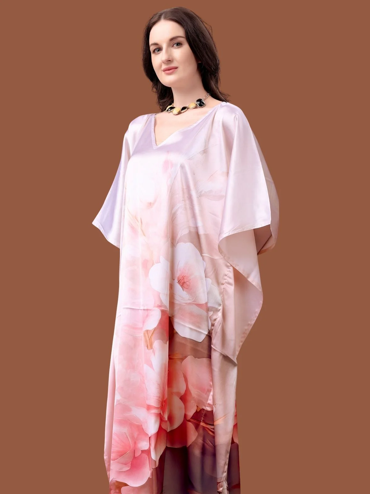 Odette Off White Satin Printed Kaftan For Women - Image 4