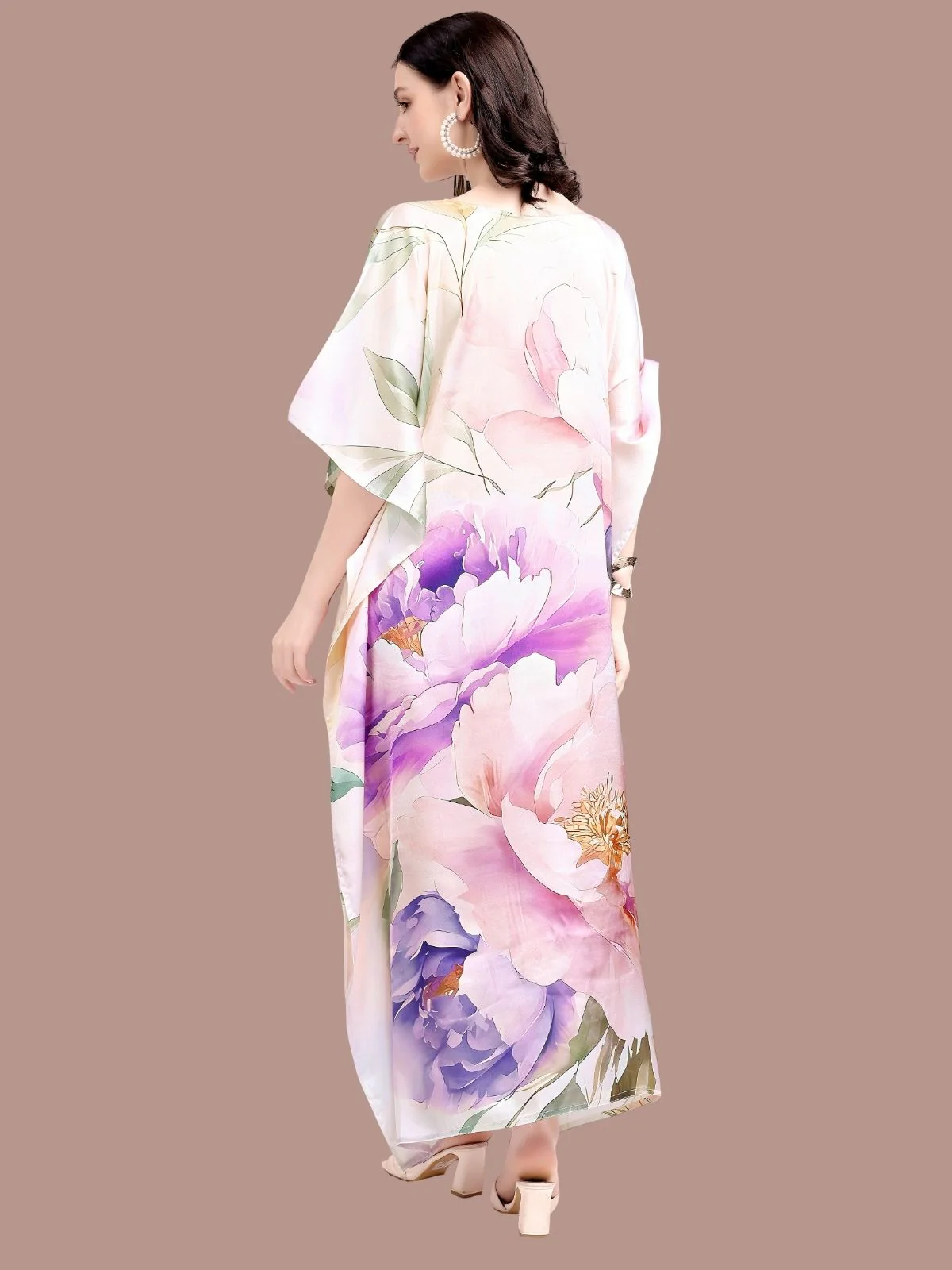 Odette Off White Satin Printed Kaftan For Women - Image 3