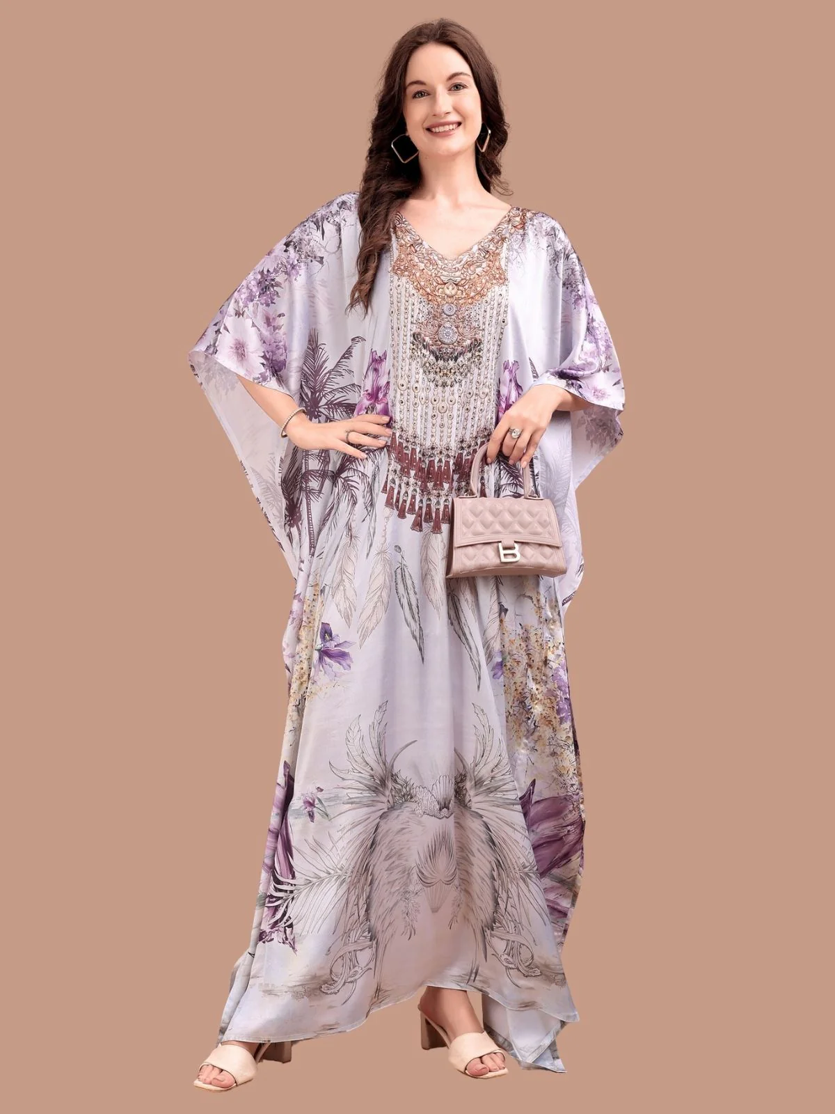 Odette Lavender Satin Printed Kaftan For Women