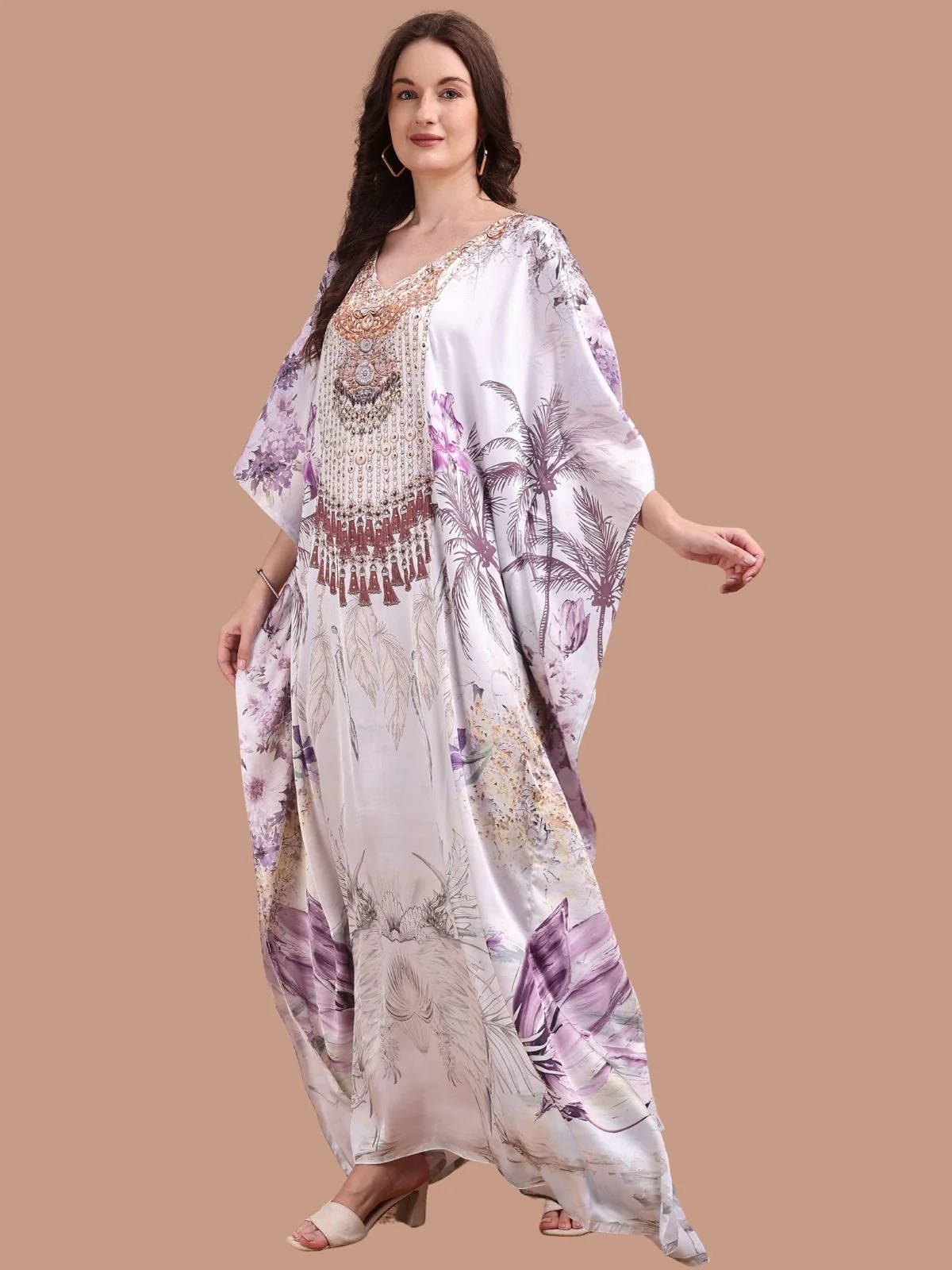 Odette Lavender Satin Printed Kaftan For Women - Image 2