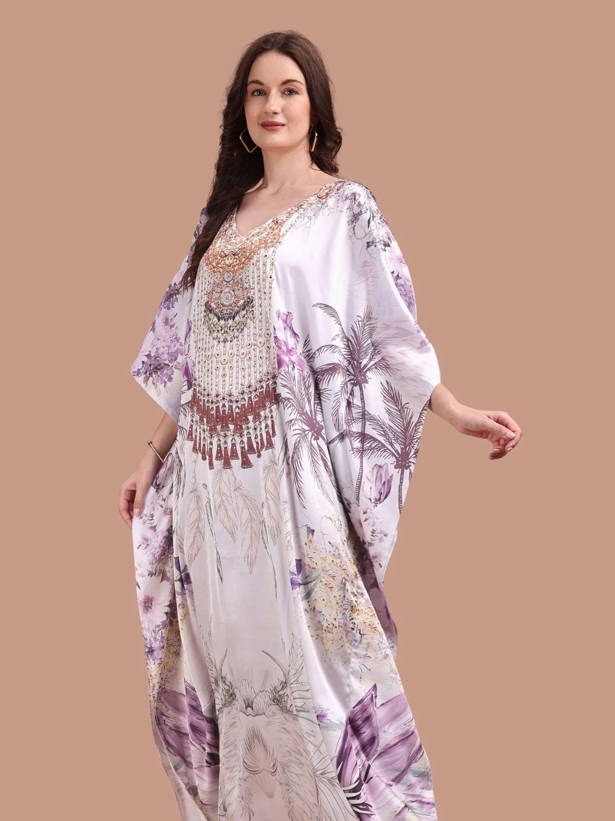 Odette Lavender Satin Printed Kaftan For Women - Image 4