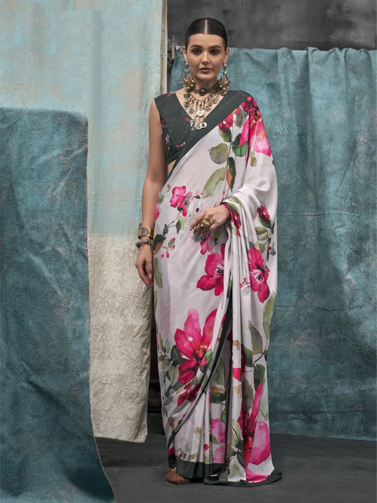 Odette Off White Satin Printed Saree With Unstitched Blouse For Women