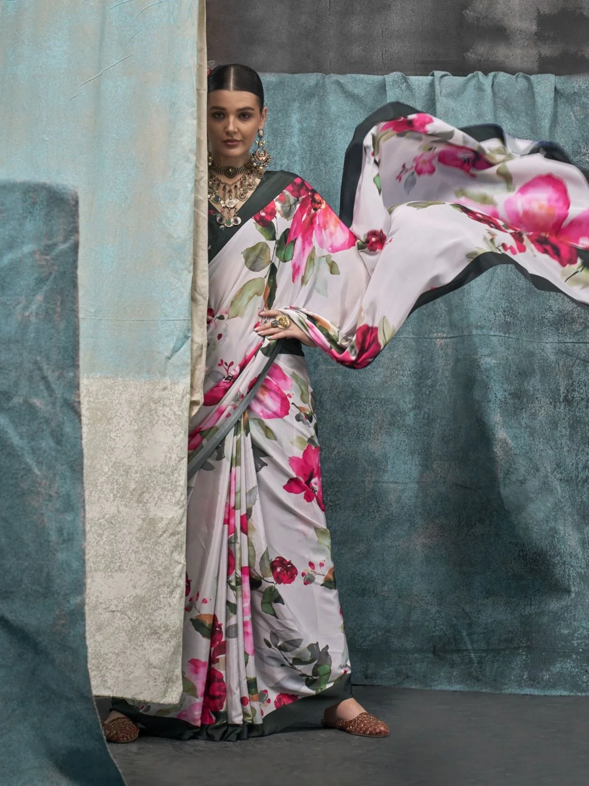 Odette Off White Satin Printed Saree With Unstitched Blouse For Women - Image 2