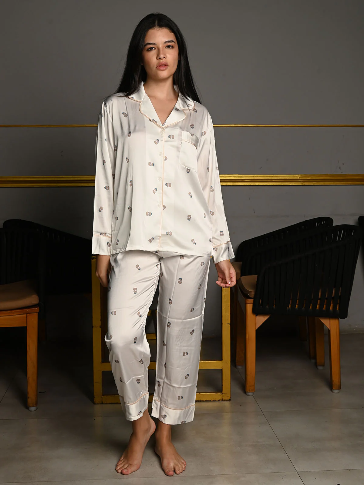 Odette Off White Satin Printed Night Wear Set For Women