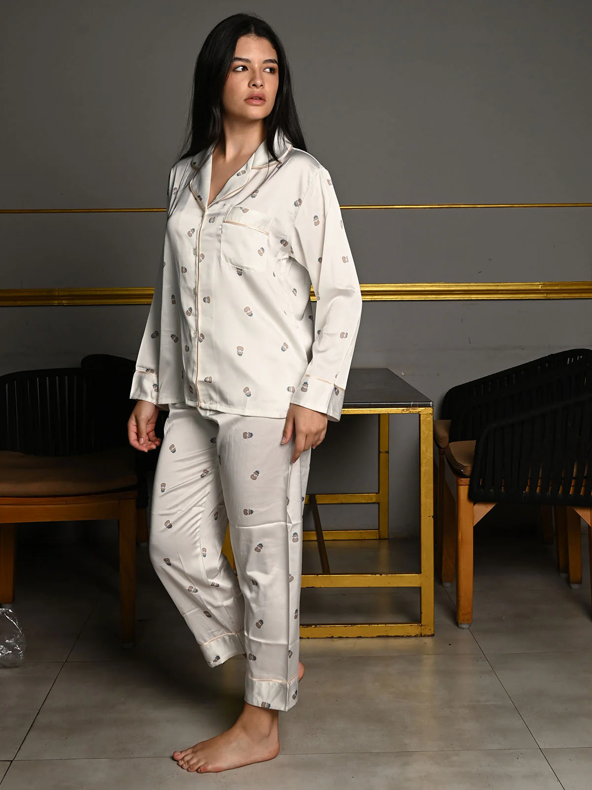 Odette Off White Satin Printed Night Wear Set For Women - Image 2