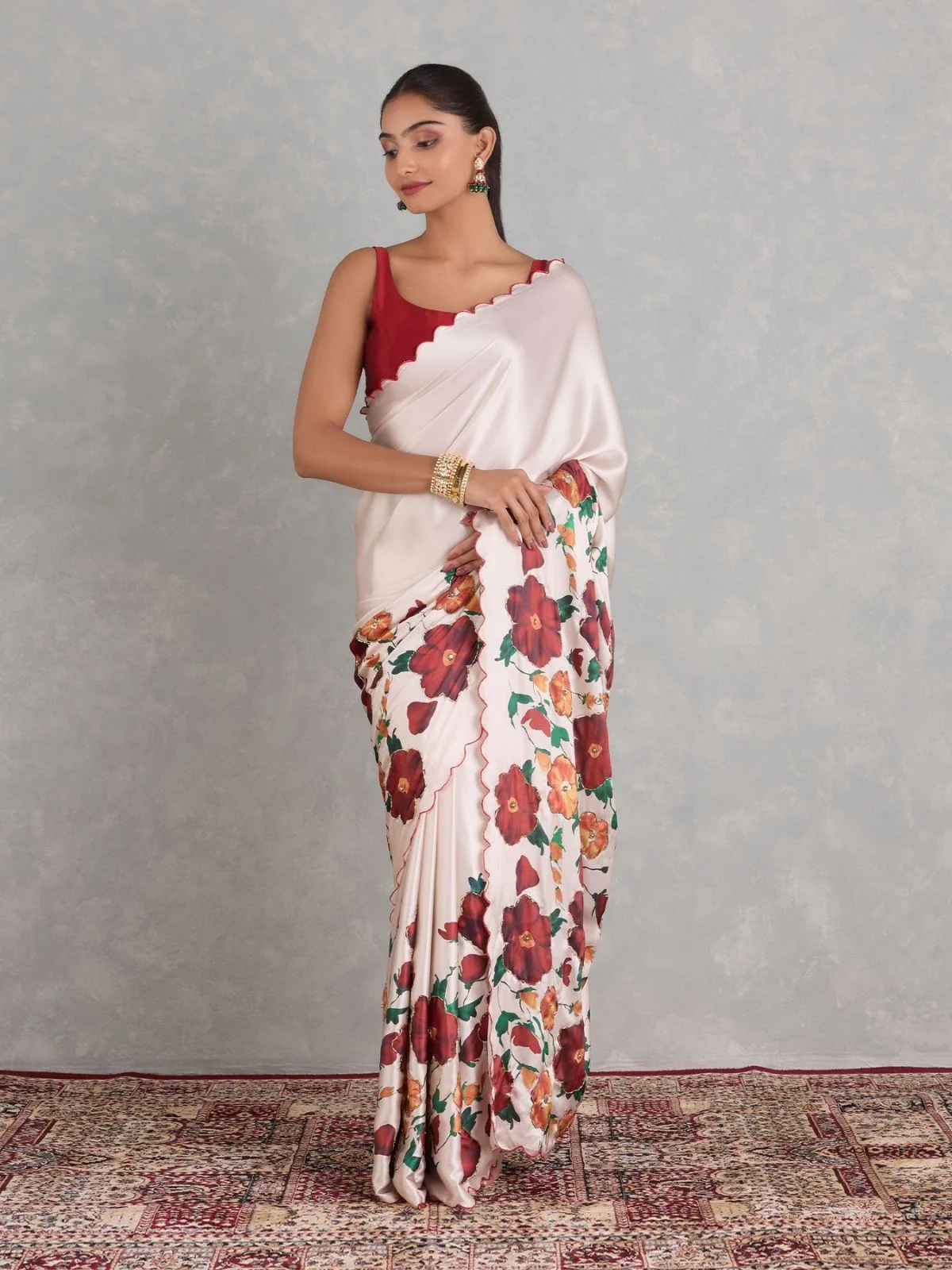 Odette Off White Satin Solid Printed Saree For Women - Image 4