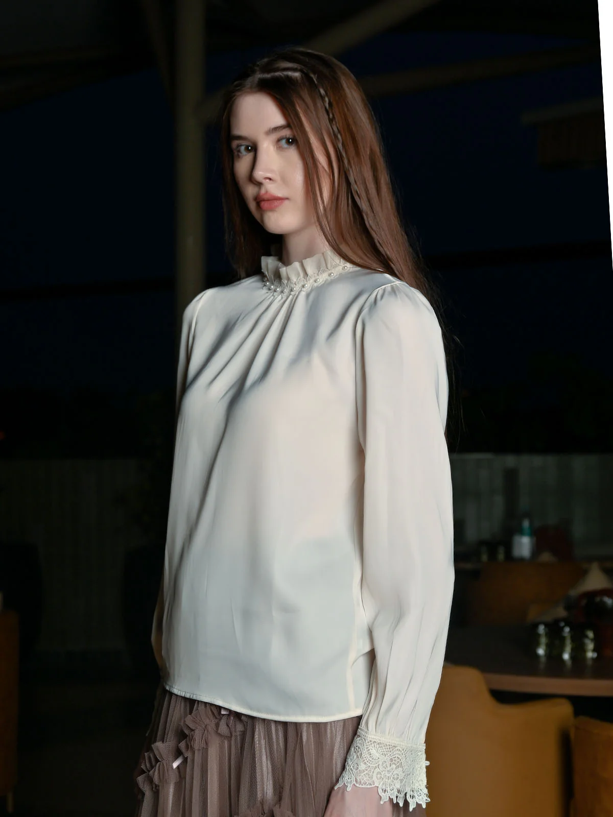 Odette Off White Satin Solid Top For Women - Image 3
