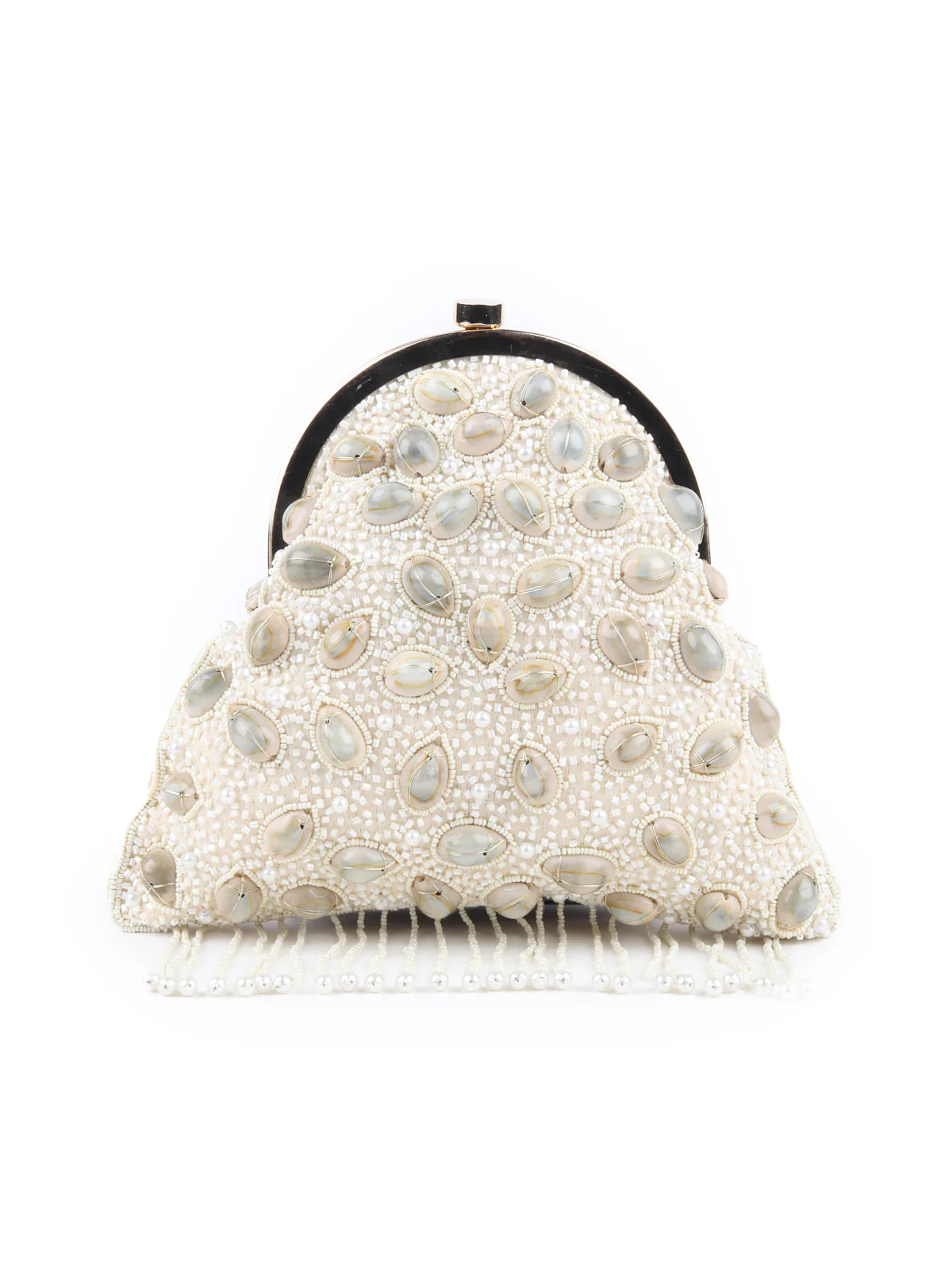 Odette Off White Shells and Beads Embroidered Batua for Women - Image 3