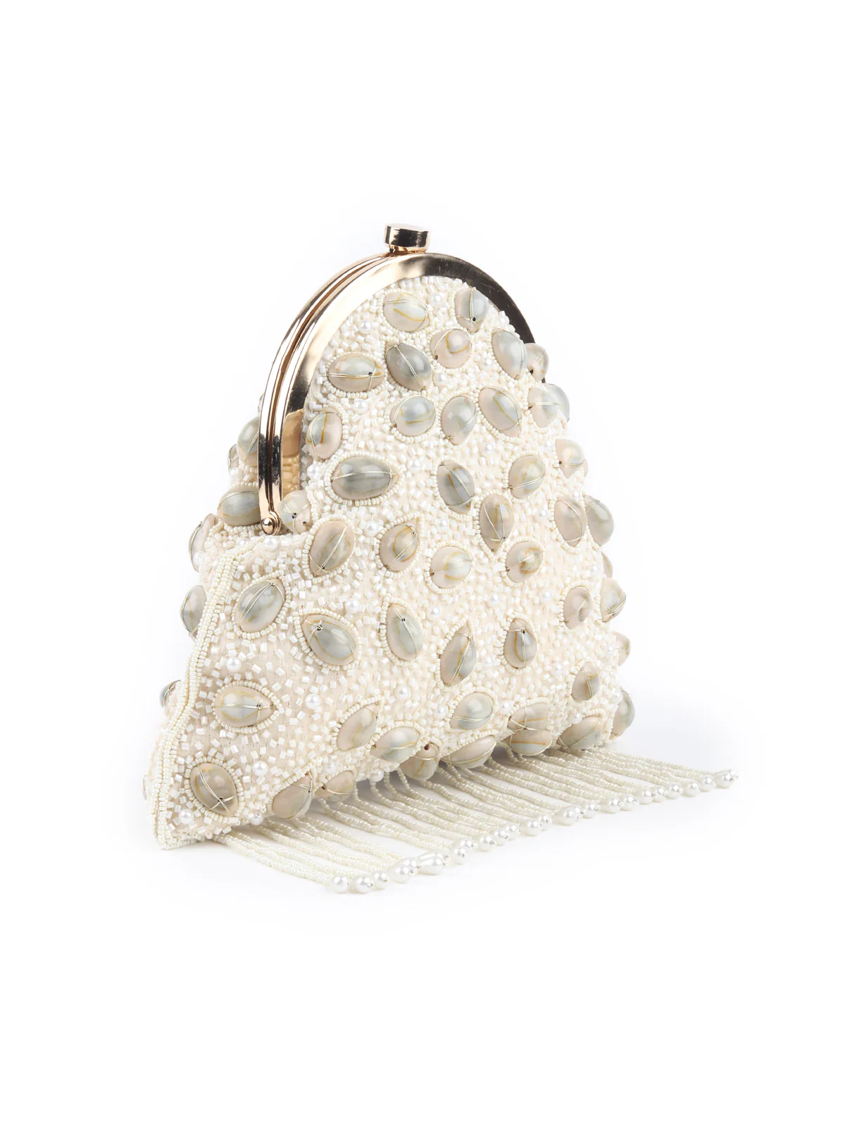 Odette Off White Shells and Beads Embroidered Batua for Women - Image 4