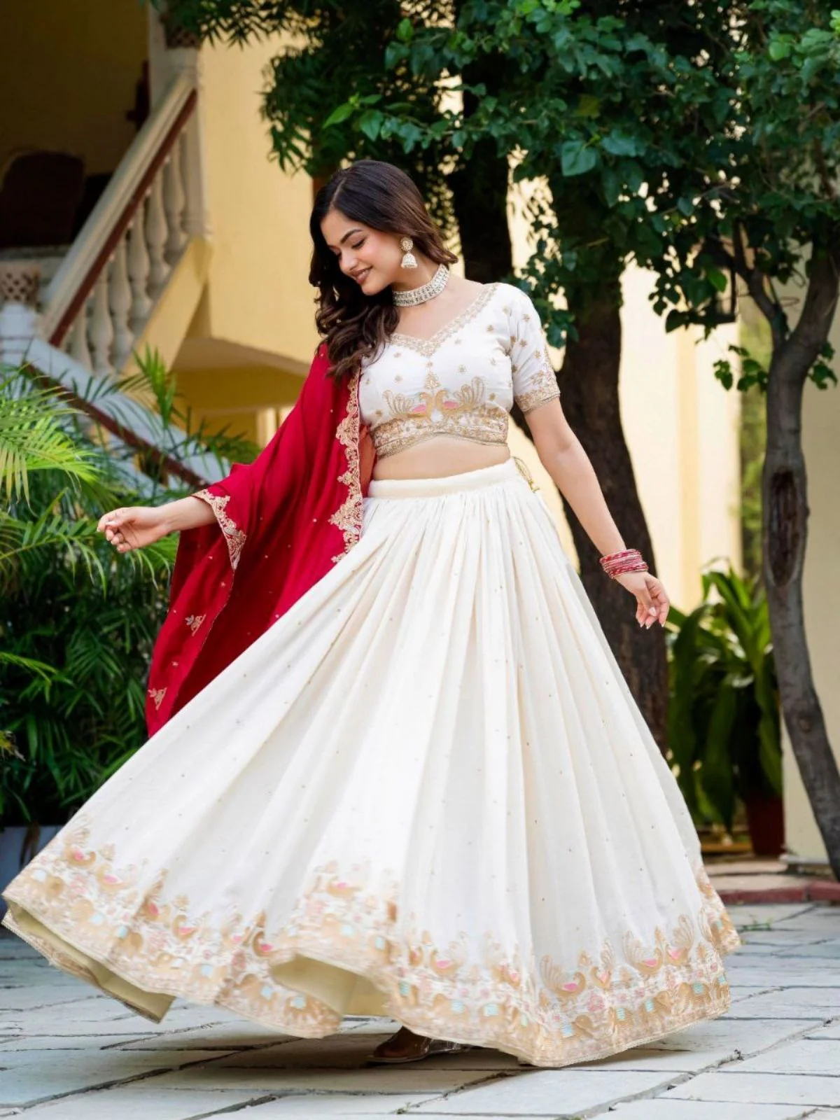 Odette Off White Silk Blend Embellished Semi Stitched Lehenga For Women - Image 2