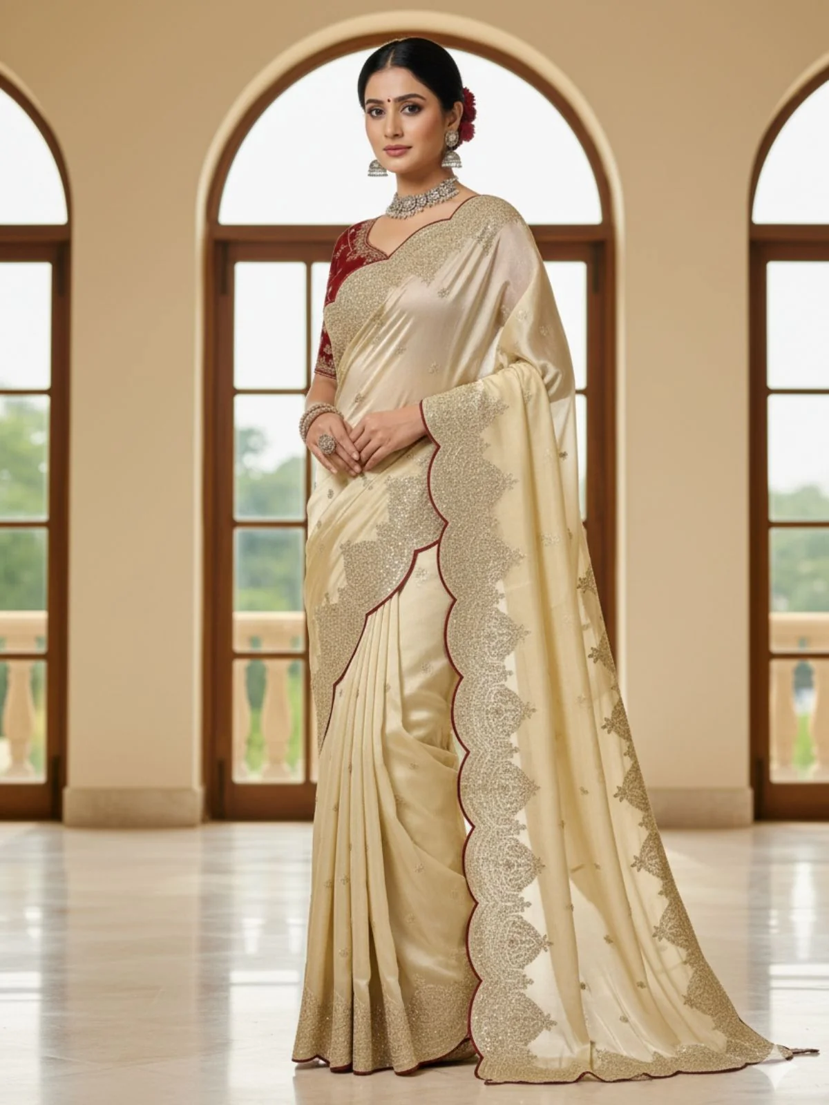 Odette Off White Silk Blend Embellished Solid Saree For Women - Image 2