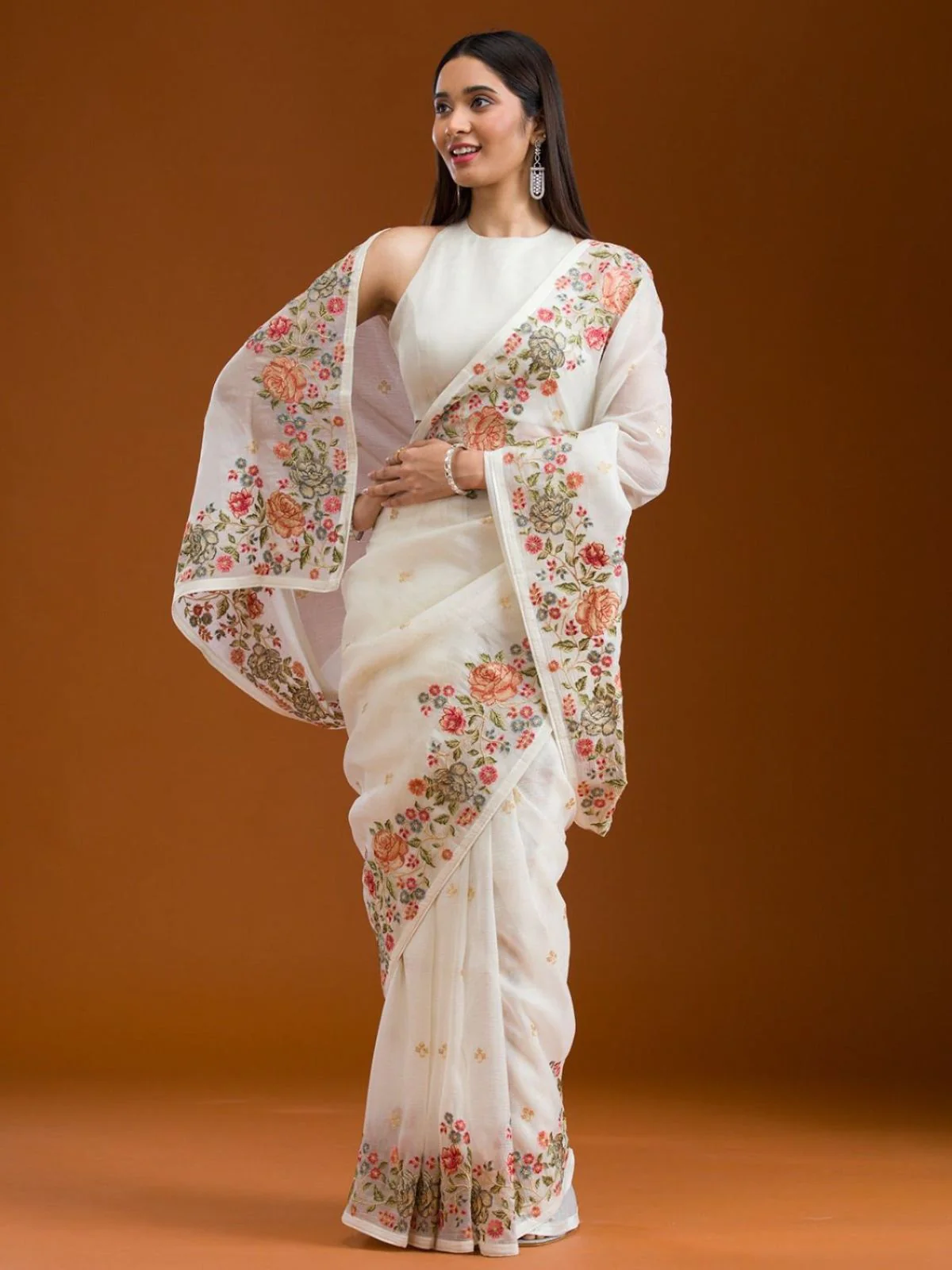Odette Off White Silk Blend Embroidered Saree For Women