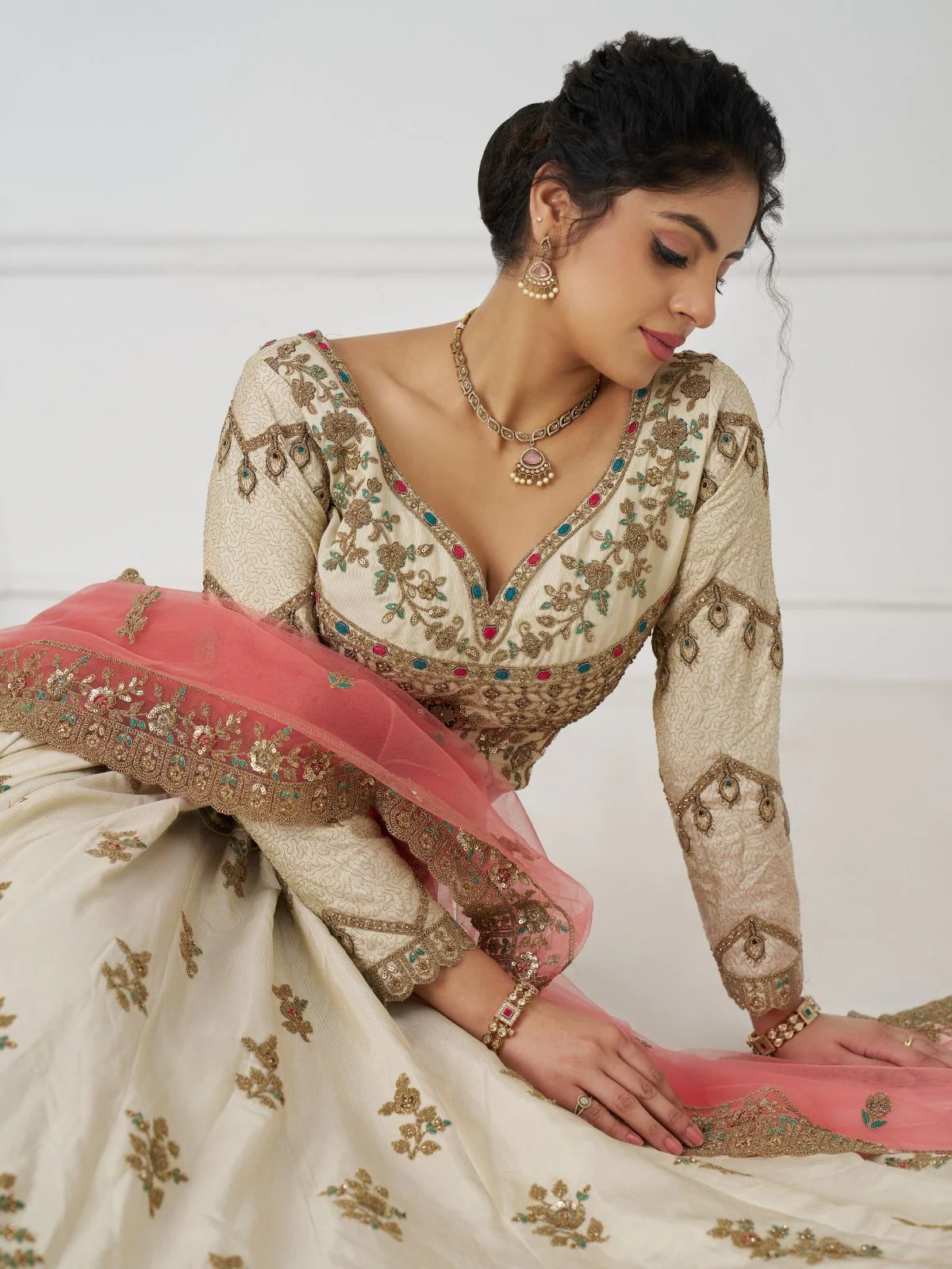 Odette Off White Silk Blend Embroidered Semi-Stitched Lehenga For Women - Image 3