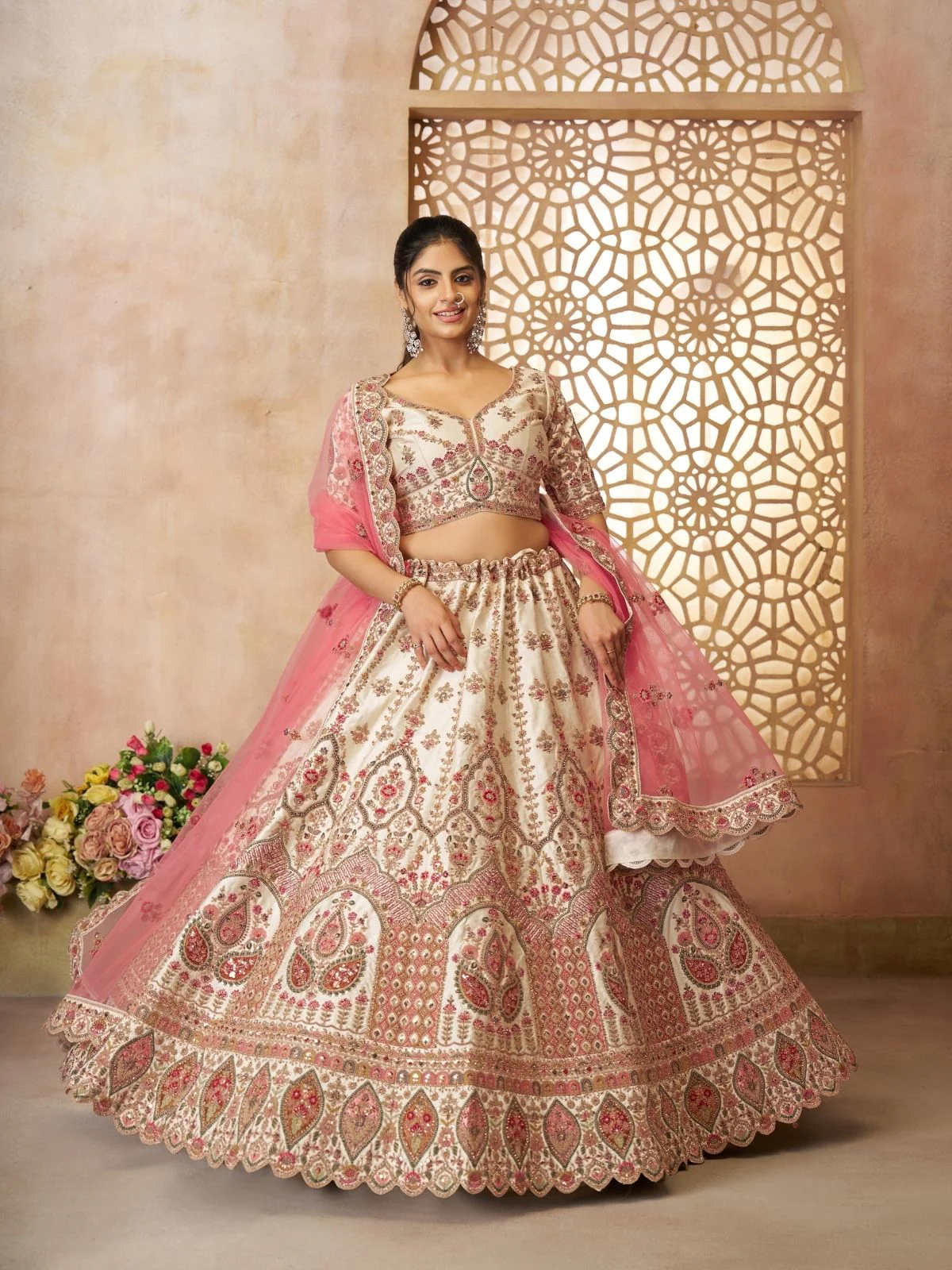 Odette Off White Silk Blend Embroidered Semi-Stitched Lehenga For Women - Image 2