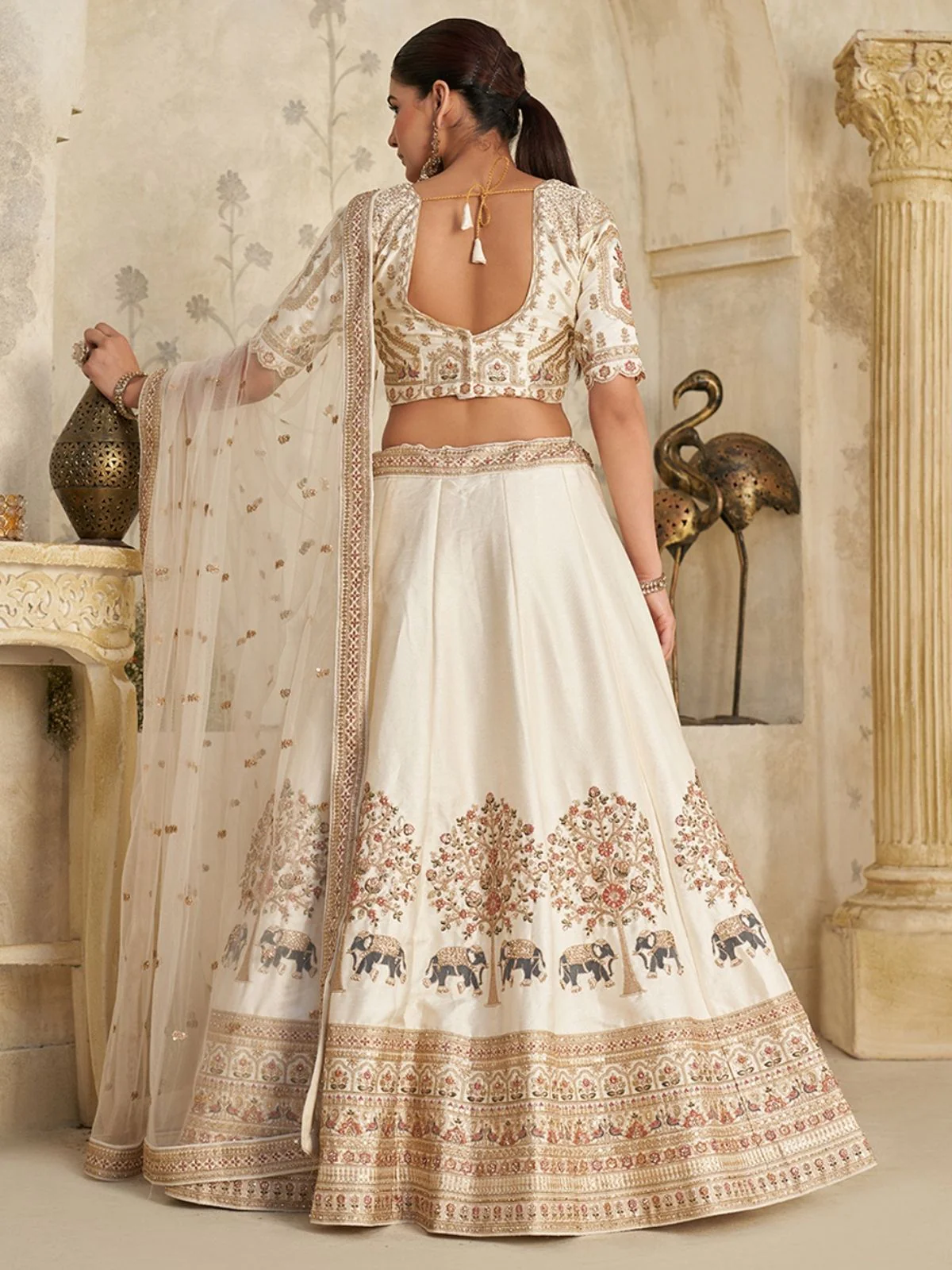 Odette Off White Silk Blend Embroidered Semi-Stitched Lehenga For Women - Image 2
