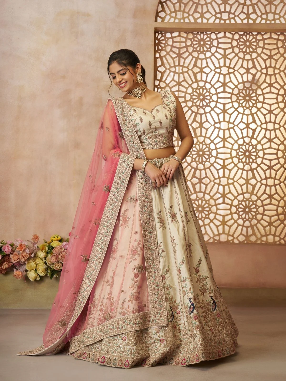 Odette Off White Silk Blend Embroidered Semi-Stitched Lehenga For Women - Image 2