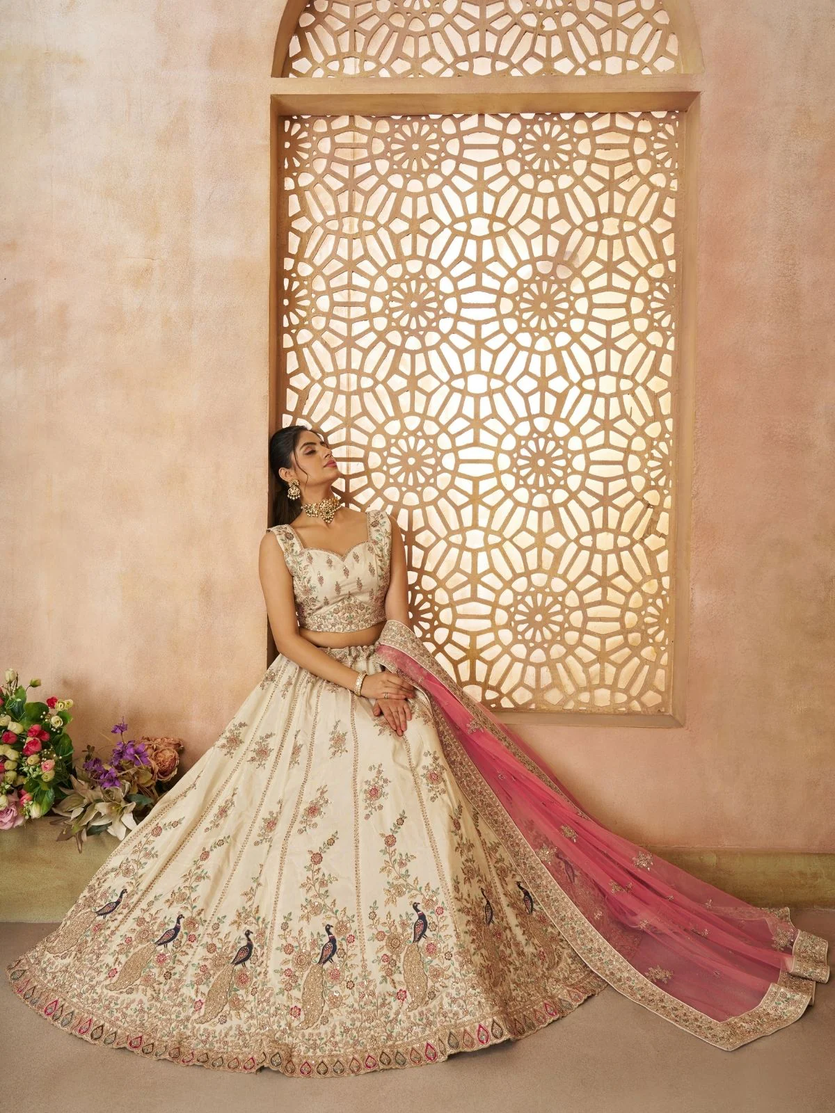 Odette Off White Silk Blend Embroidered Semi-Stitched Lehenga For Women - Image 3