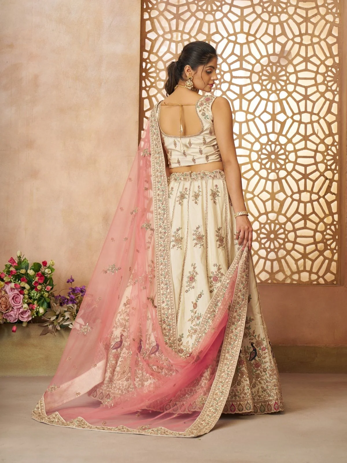 Odette Off White Silk Blend Embroidered Semi-Stitched Lehenga For Women - Image 5