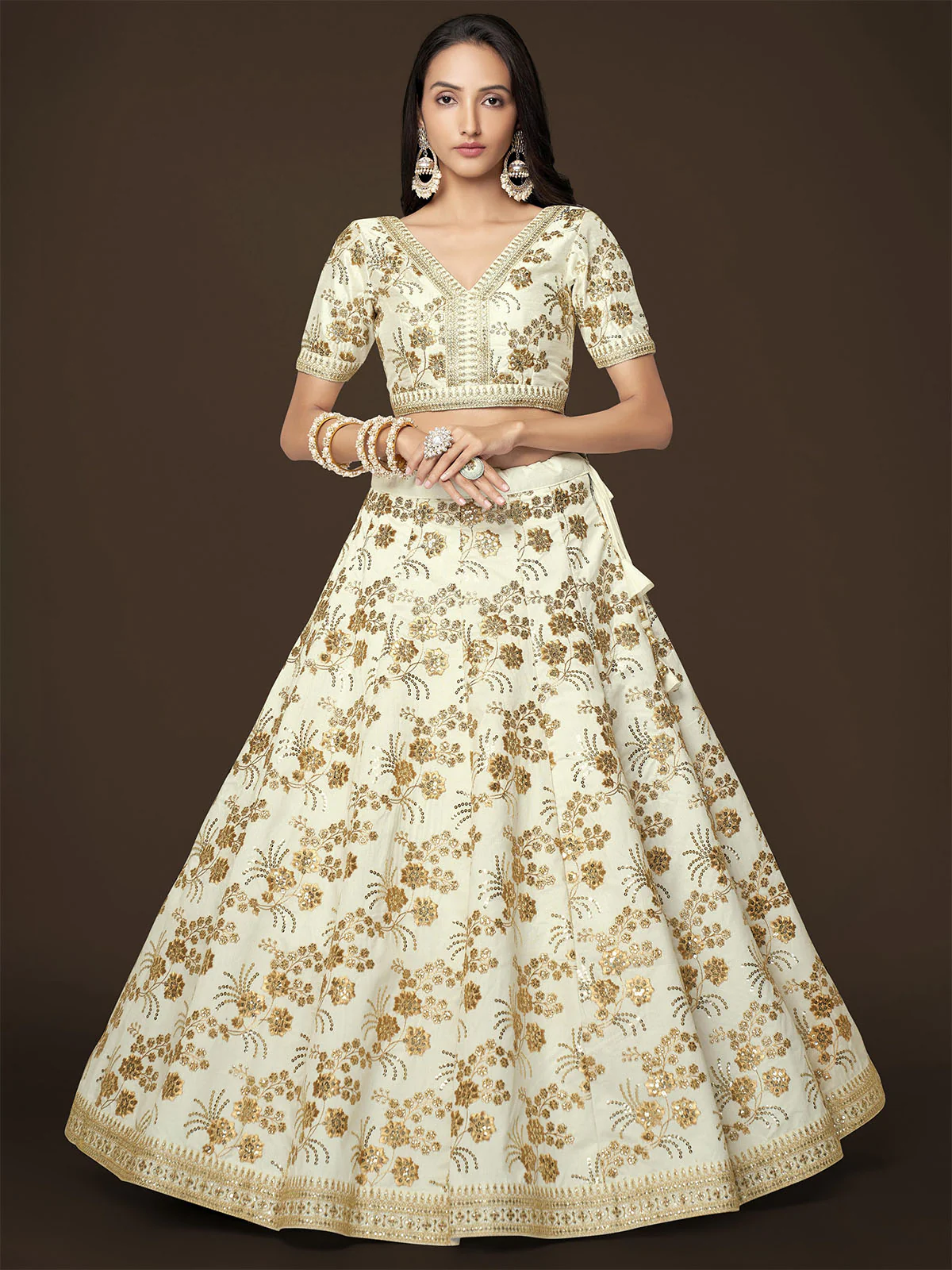 Odette Off White Silk Blend Embroidered Semi Stitched Lehenga With Unstitched Blouse For Women - Image 4