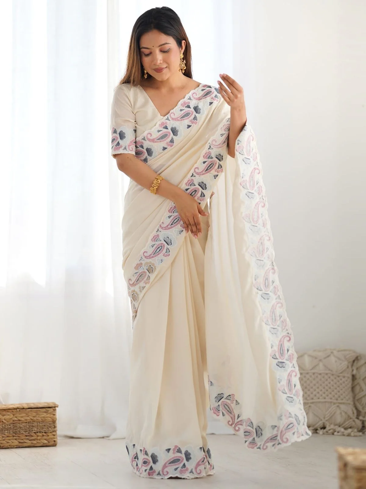 Odette Off White Silk Blend Embroidered Solid Saree For Women