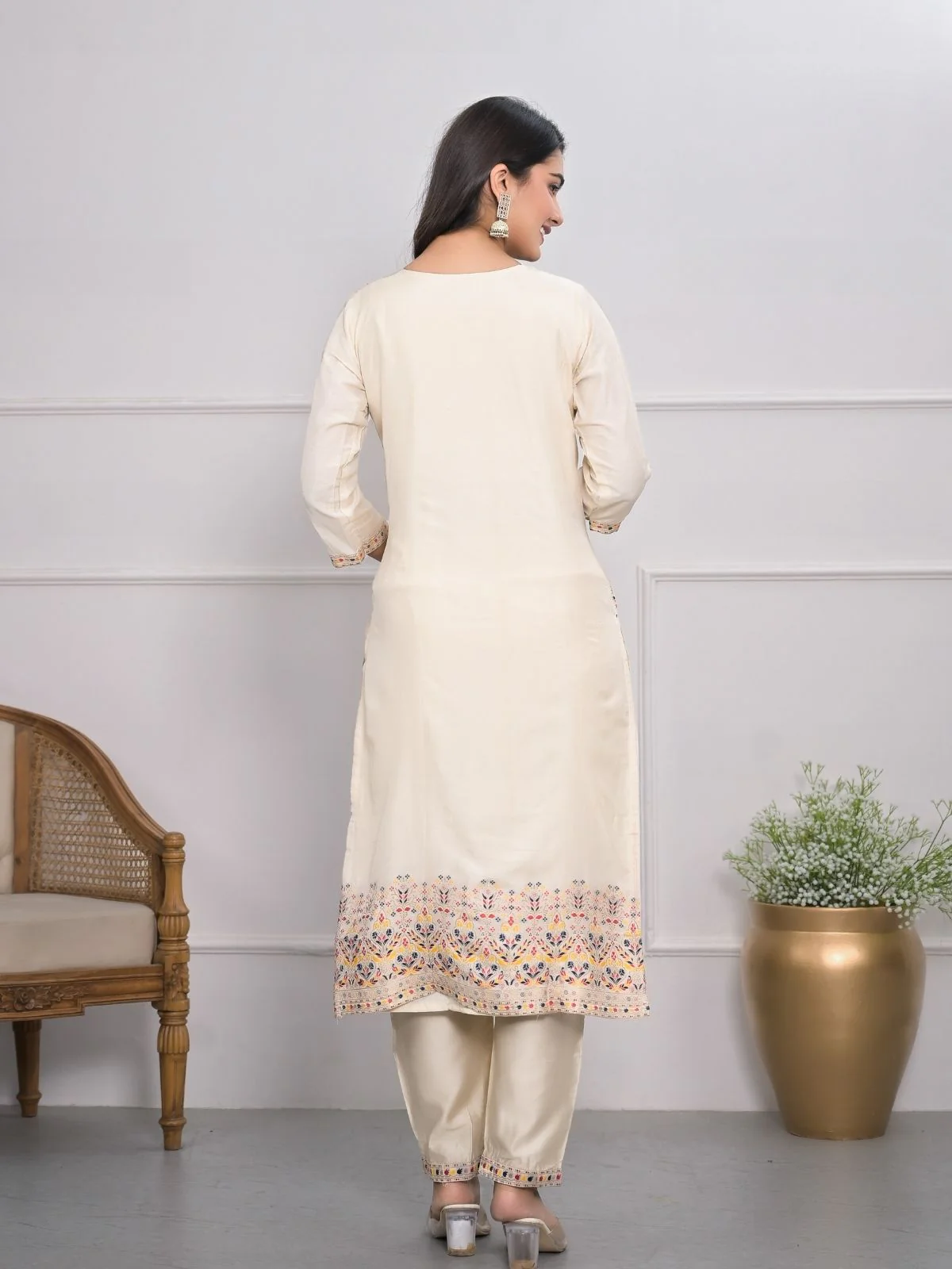 Odette Off White Silk Blend Embroidered Stitched Kurta Set For Women - Image 4