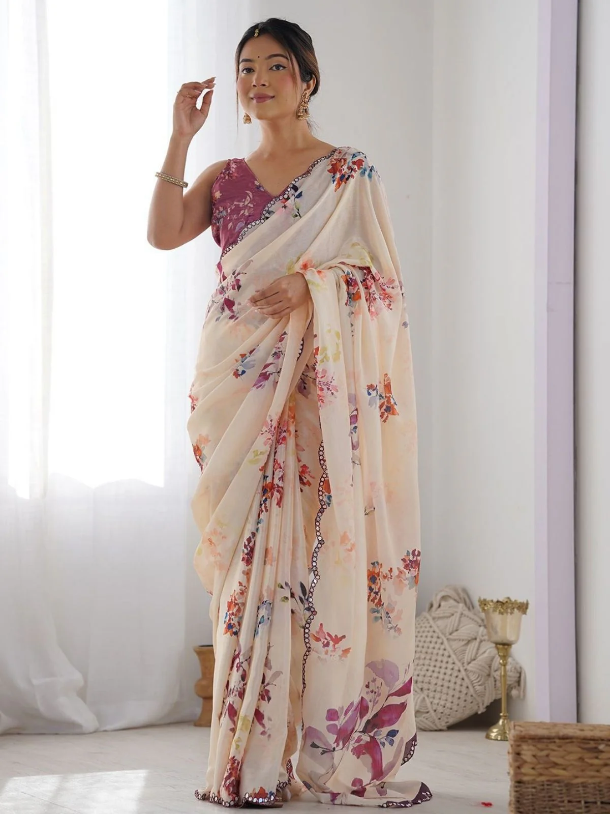 Odette Off White Silk Blend Floral Print & Cutwork Saree For Women - Image 2