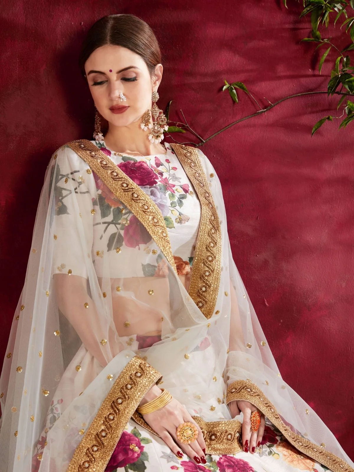 Odette Off White Silk Blend Printed Semi Stitched Lehenga With Blouse For Women - Image 3