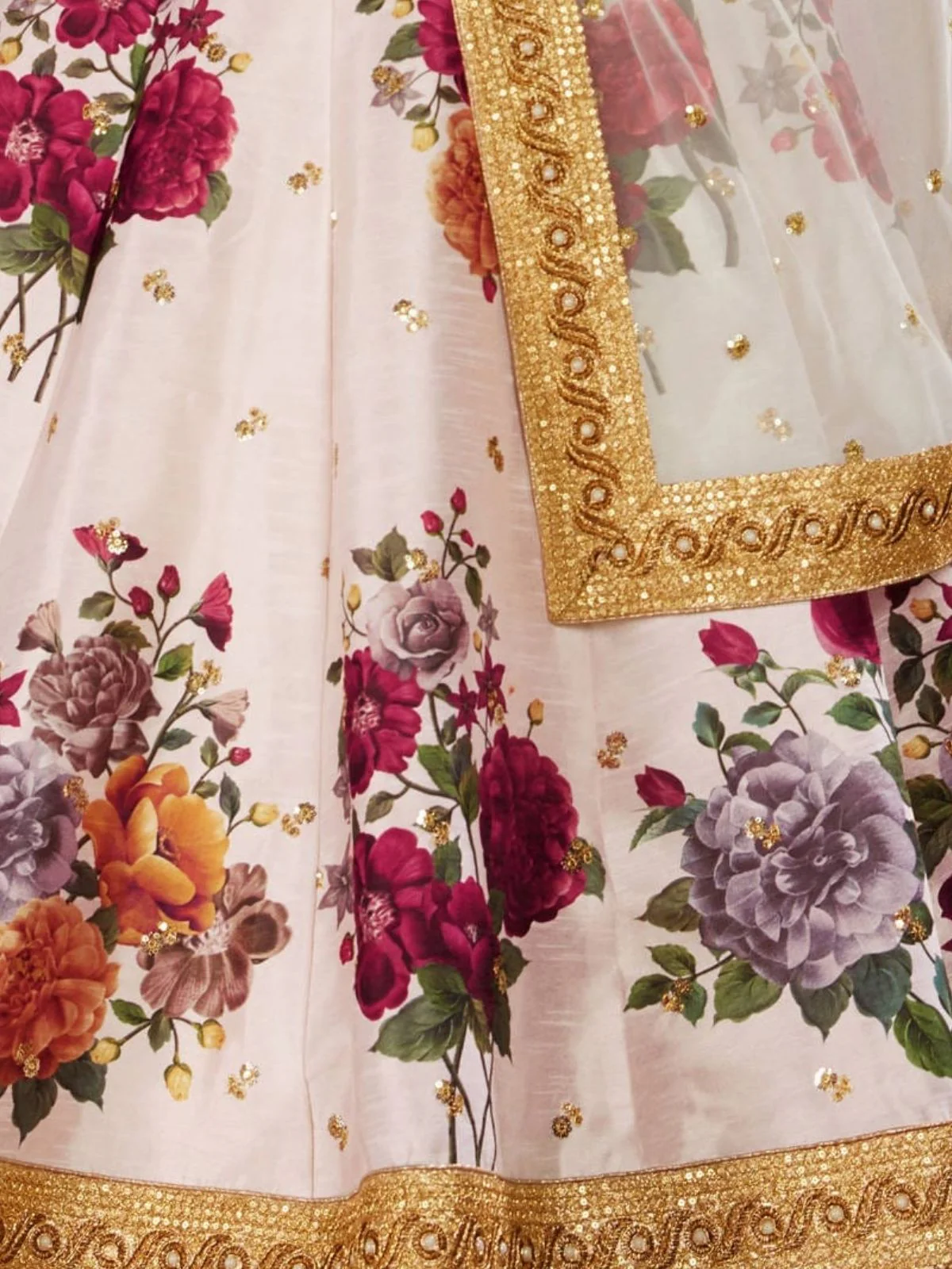 Odette Off White Silk Blend Printed Semi Stitched Lehenga With Blouse For Women - Image 4