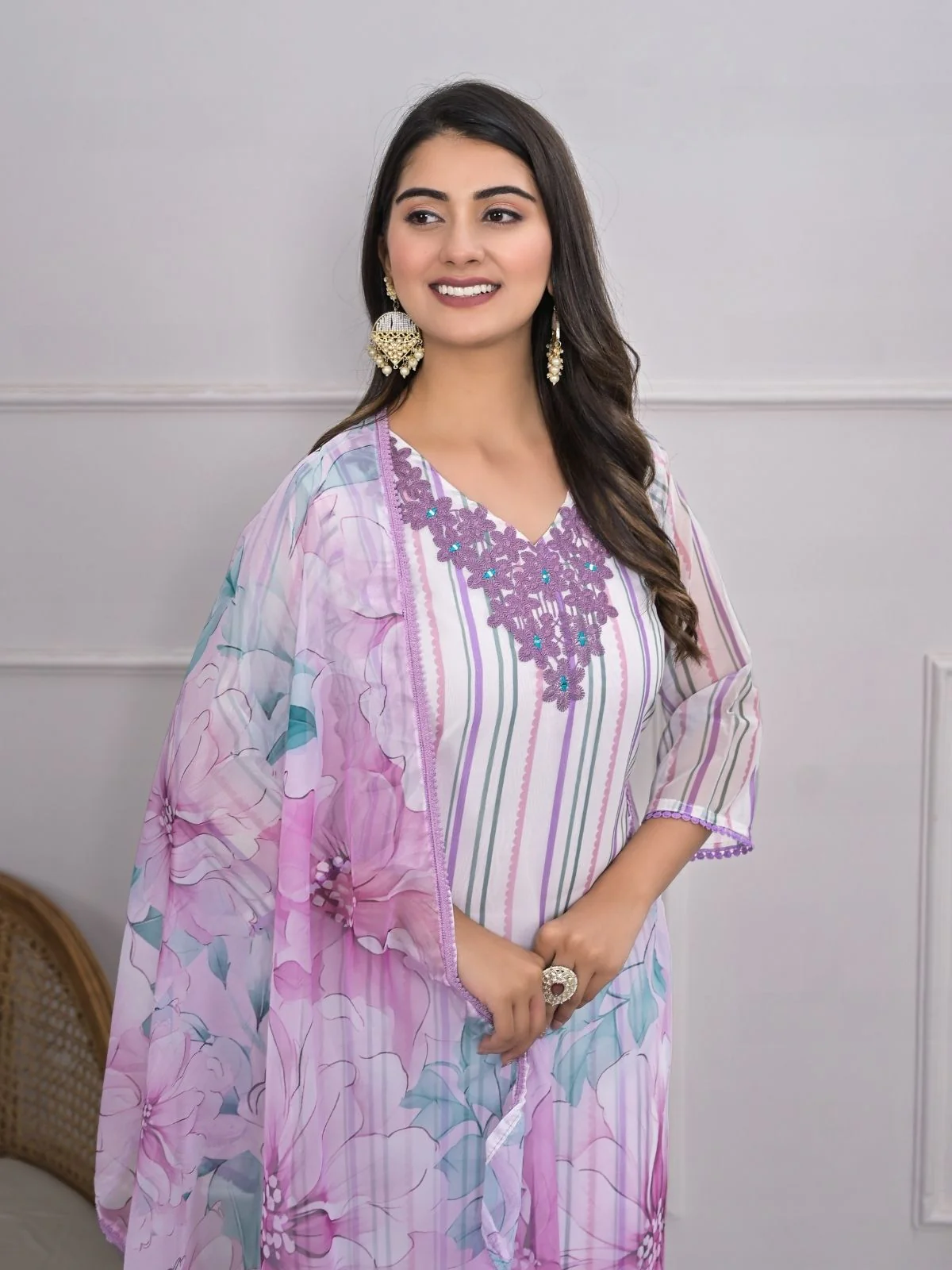 Odette Off White Silk Blend Printed Stitched Kurta Set For Women - Image 3