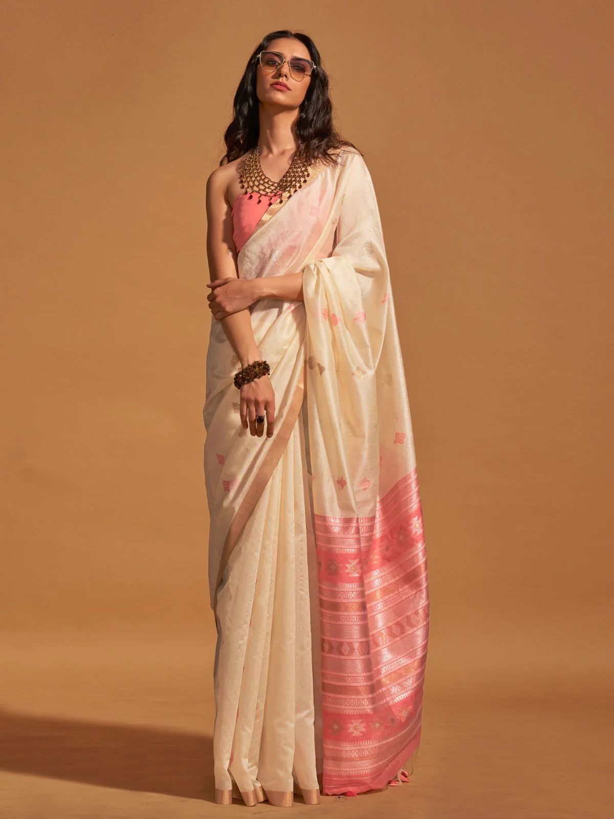 Odette Off White Silk Blend Woven Saree With Unstitched Blouse For Women