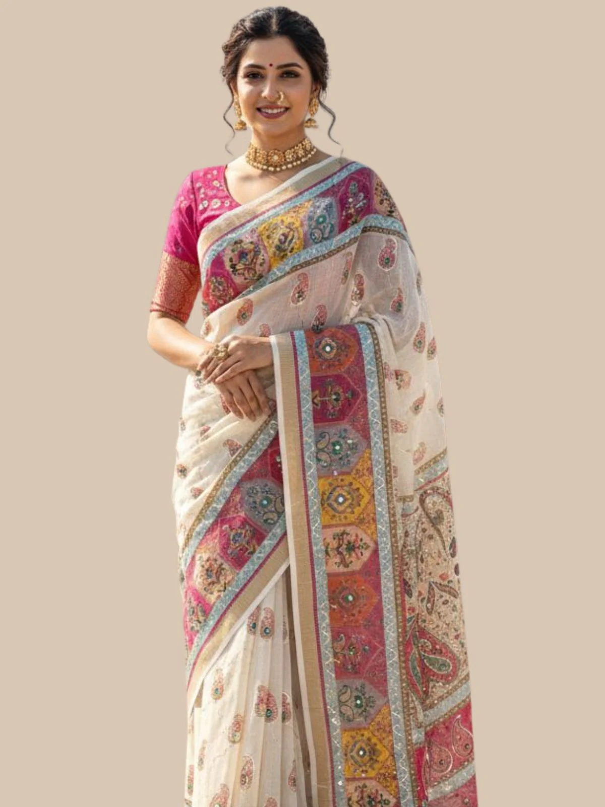 Odette Off White Silk Printed Saree For Women - Image 4