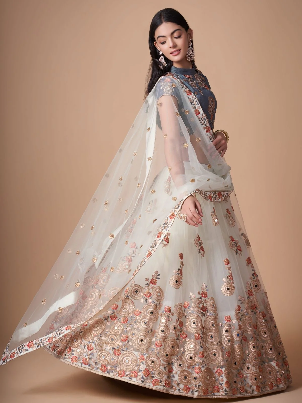 Odette Off White Soft Net Embroidered Semi Stitched Lehenga With Blouse For Women - Image 3