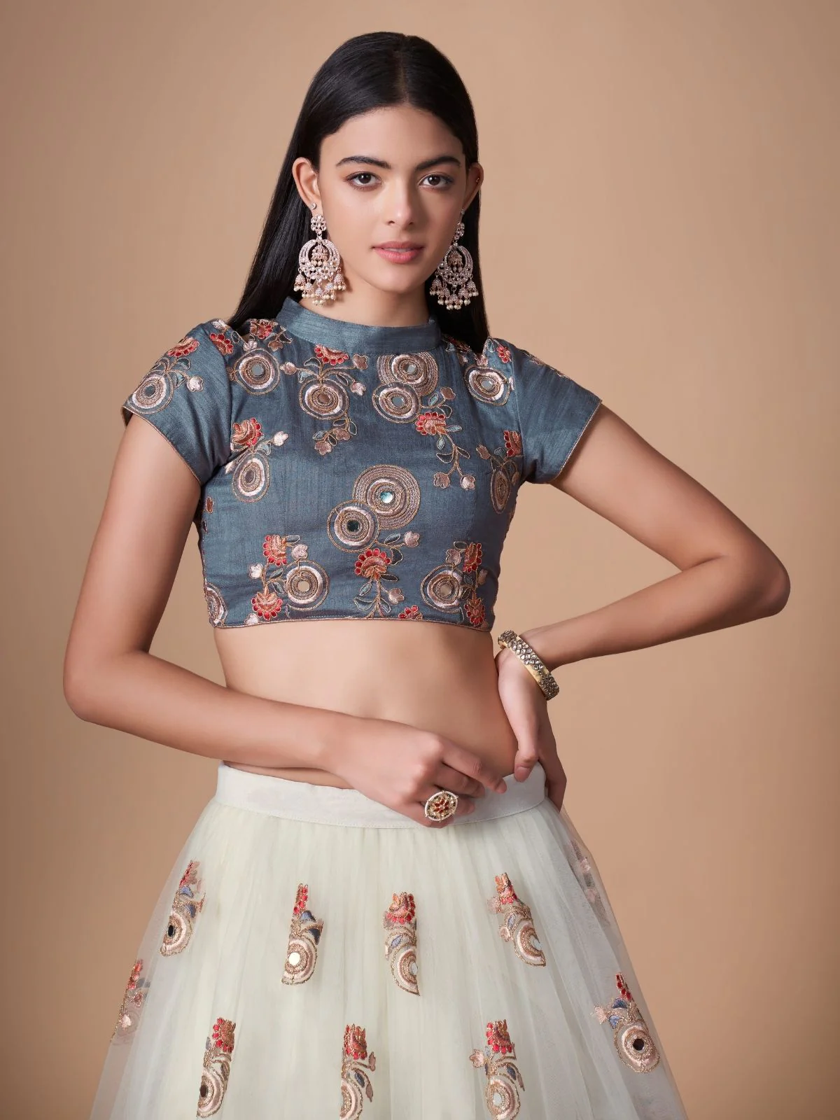Odette Off White Soft Net Embroidered Semi Stitched Lehenga With Blouse For Women - Image 6