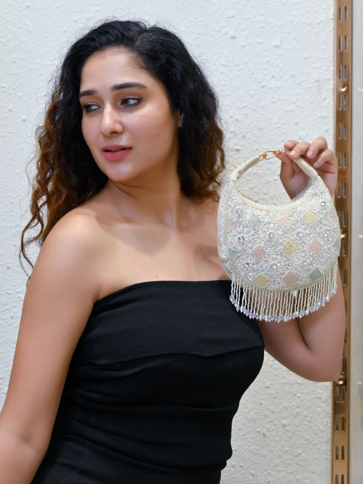 Odette Off White Suede Embellished Clutch For Women