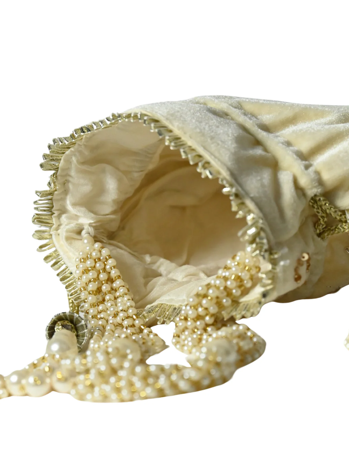 Odette Off White Suede Embellished Potli For Women - Image 6