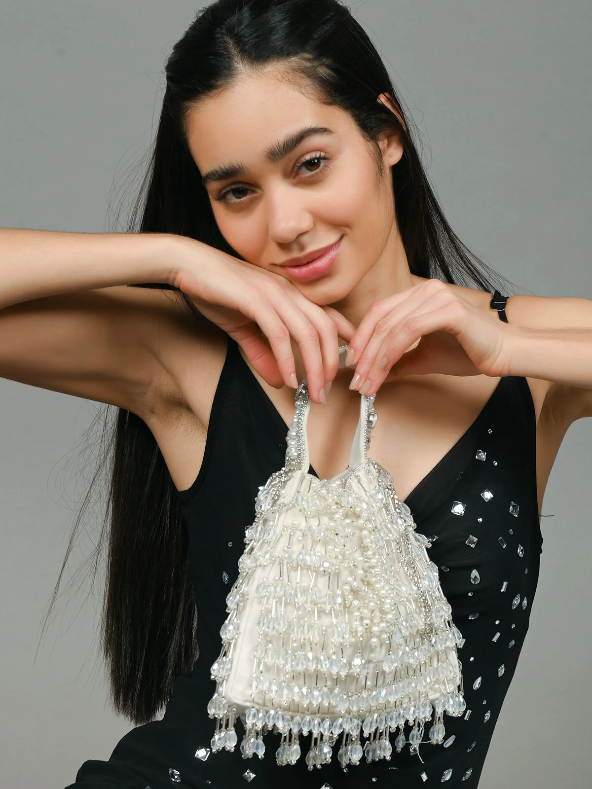 Odette Off White Suede Embellished Potli For Women